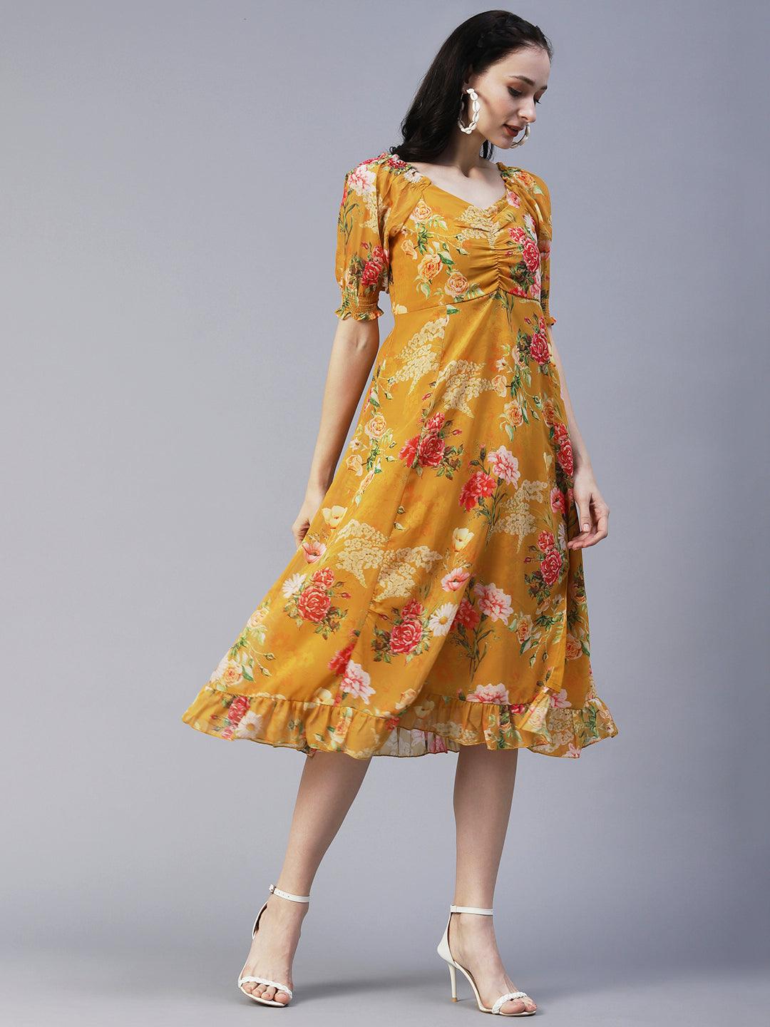 Floral Printed A-Line Flared Midi Dress - Mustard - Indiakreations