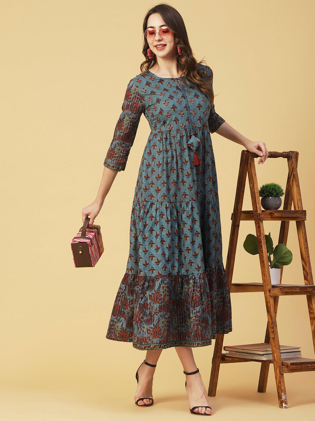 Floral Block Printed Mirror & Zari Embroidered Tiered Dress - Teal - Indiakreations