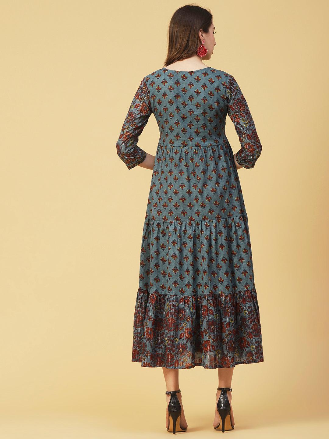 Floral Block Printed Mirror & Zari Embroidered Tiered Dress - Teal - Indiakreations