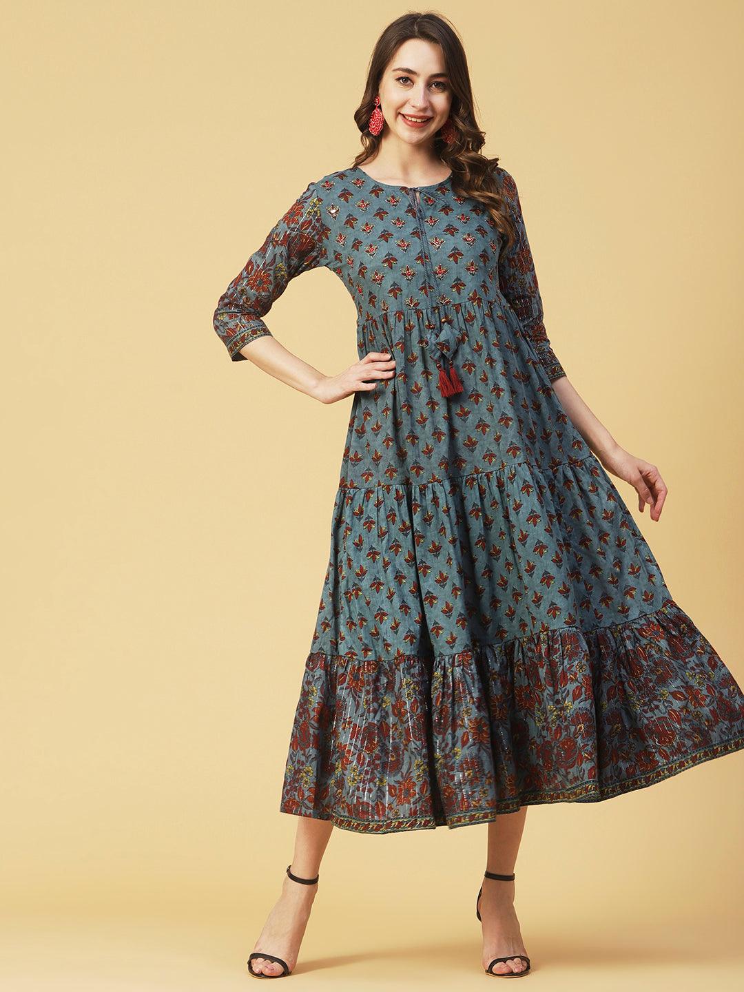 Floral Block Printed Mirror & Zari Embroidered Tiered Dress - Teal - Indiakreations