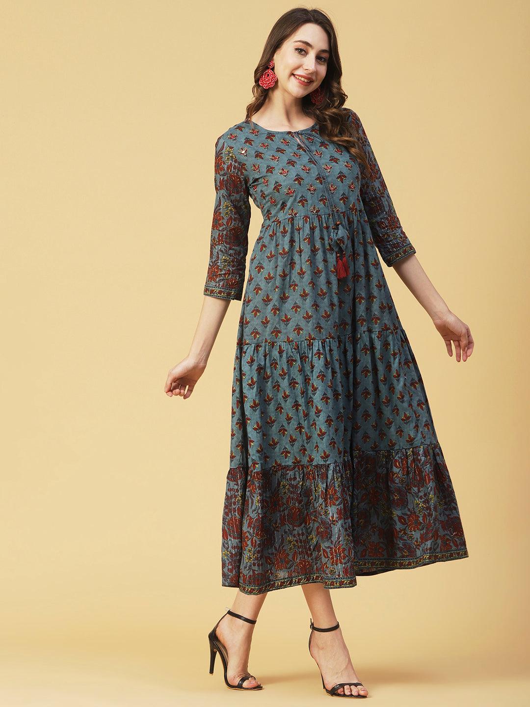 Floral Block Printed Mirror & Zari Embroidered Tiered Dress - Teal - Indiakreations