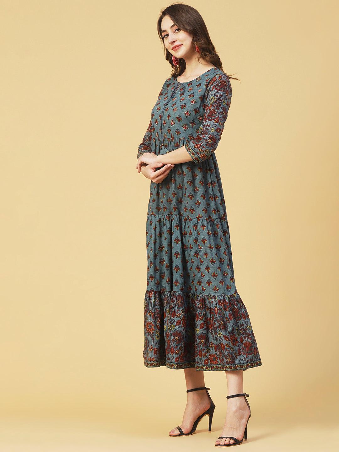 Floral Block Printed Mirror & Zari Embroidered Tiered Dress - Teal - Indiakreations