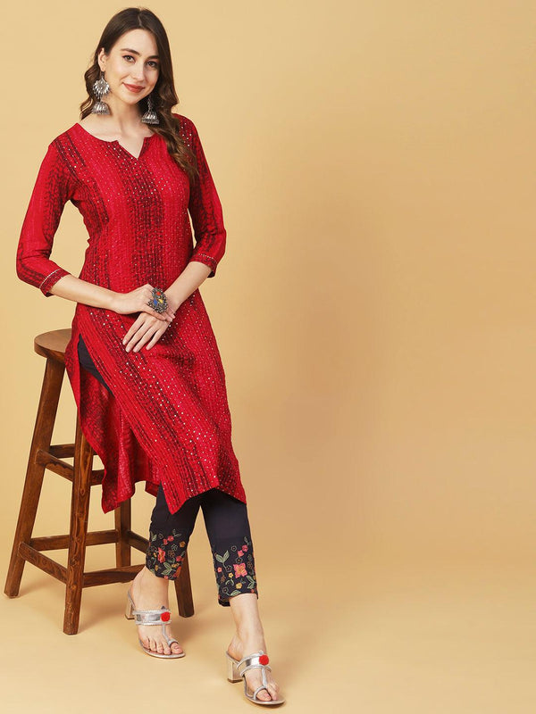 Abstract Printed Resham & Sequins Embroidered Kurta - Red - Indiakreations