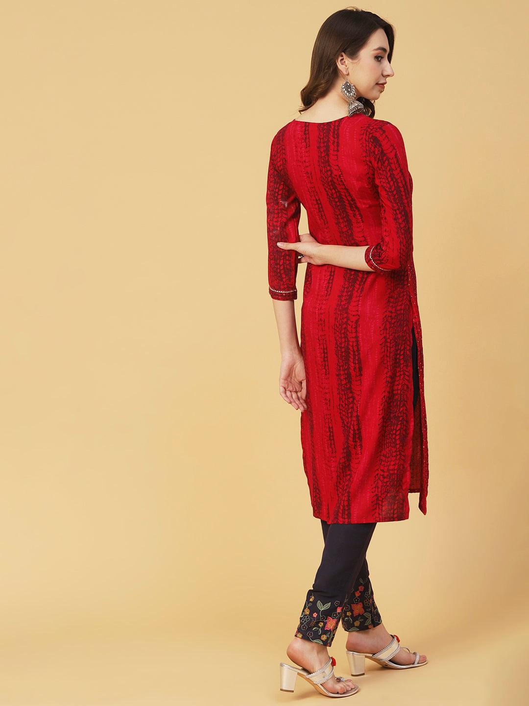 Abstract Printed Resham & Sequins Embroidered Kurta - Red - Indiakreations