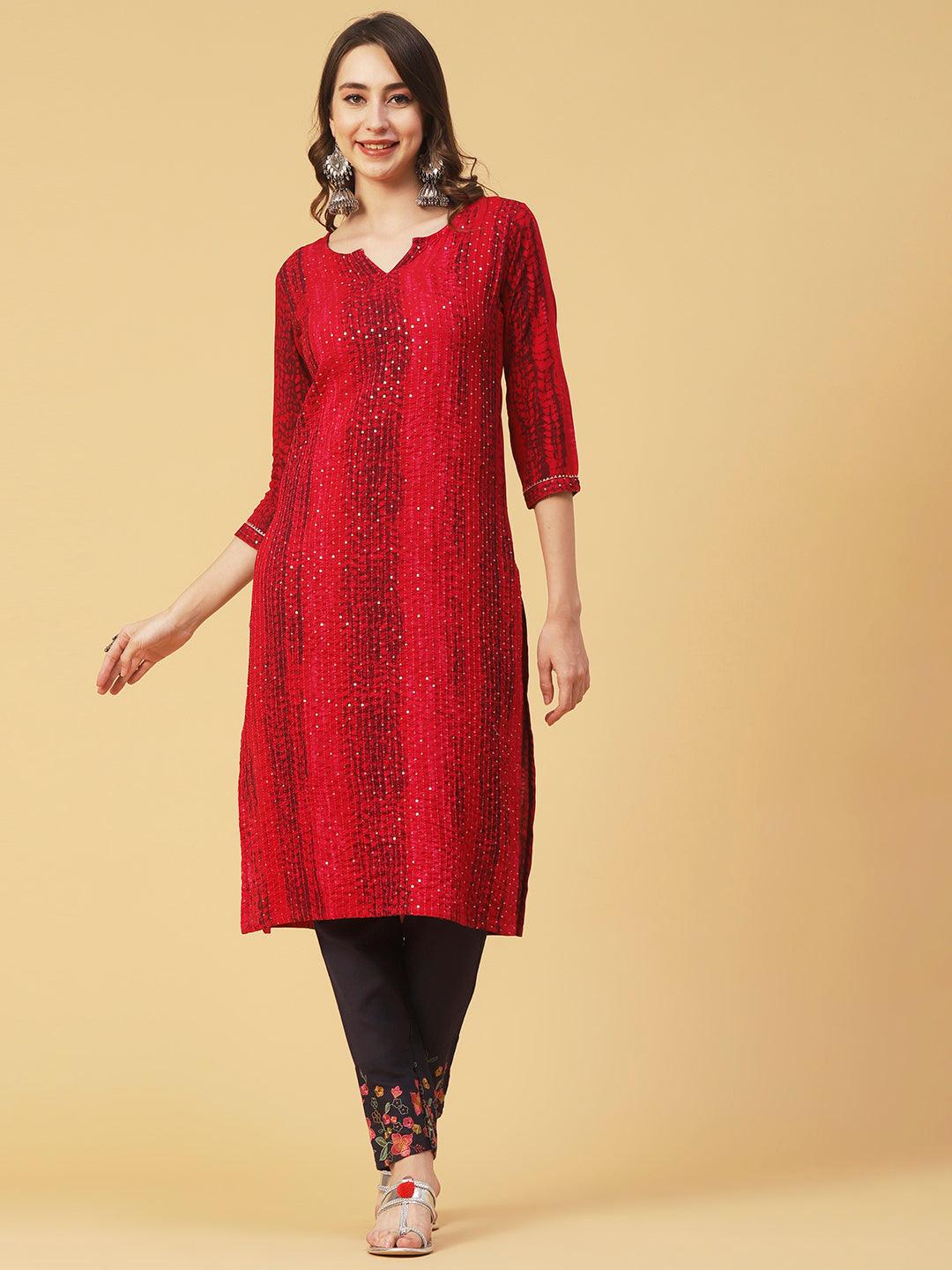 Abstract Printed Resham & Sequins Embroidered Kurta - Red - Indiakreations