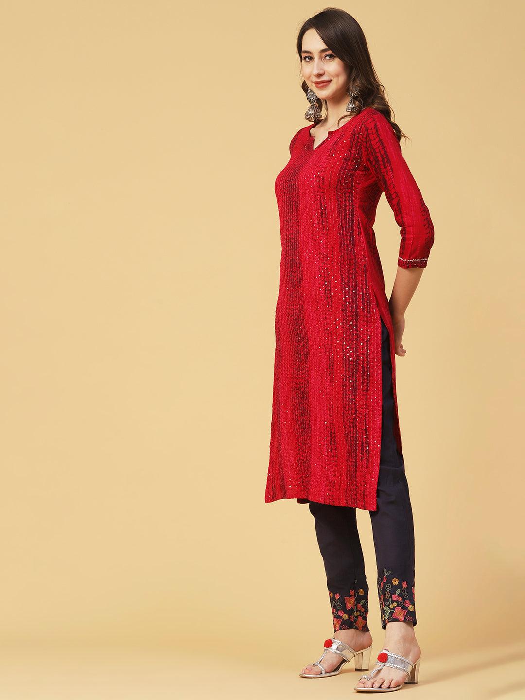 Abstract Printed Resham & Sequins Embroidered Kurta - Red - Indiakreations