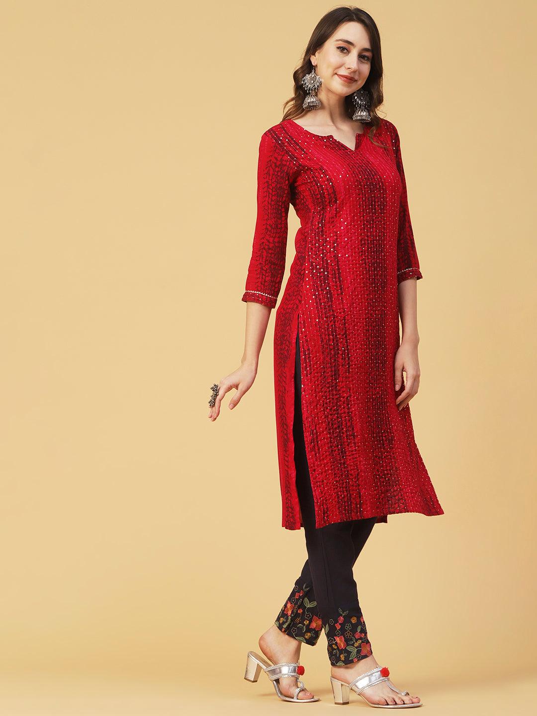 Abstract Printed Resham & Sequins Embroidered Kurta - Red - Indiakreations