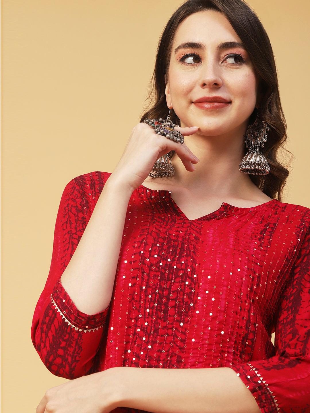 Abstract Printed Resham & Sequins Embroidered Kurta - Red - Indiakreations