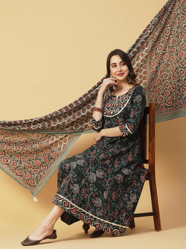 Ethnic Printed & Embroidered Anarkali Kurta with Pant & Dupatta - Dark Green - Indiakreations