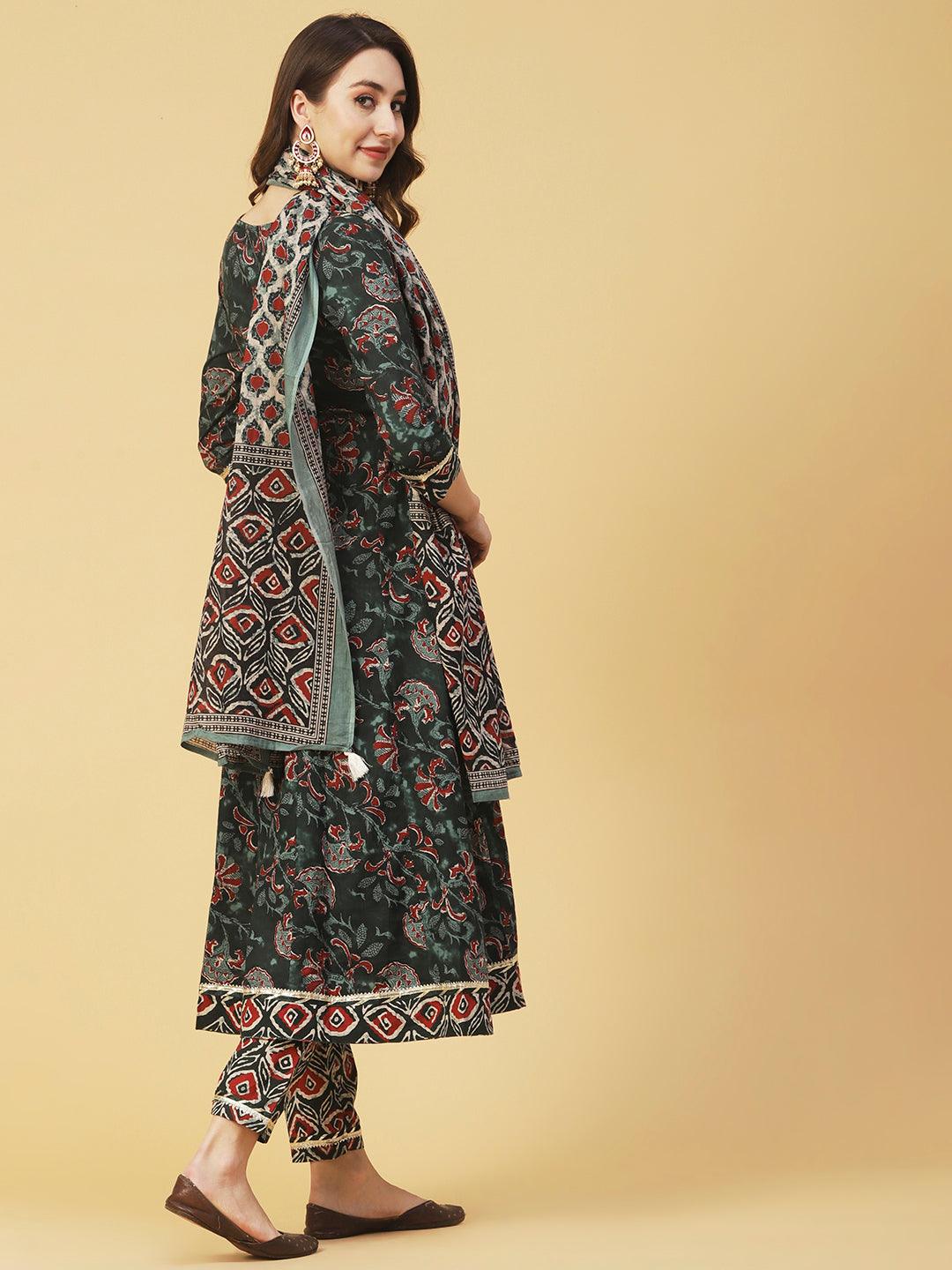 Ethnic Printed & Embroidered Anarkali Kurta with Pant & Dupatta - Dark Green - Indiakreations