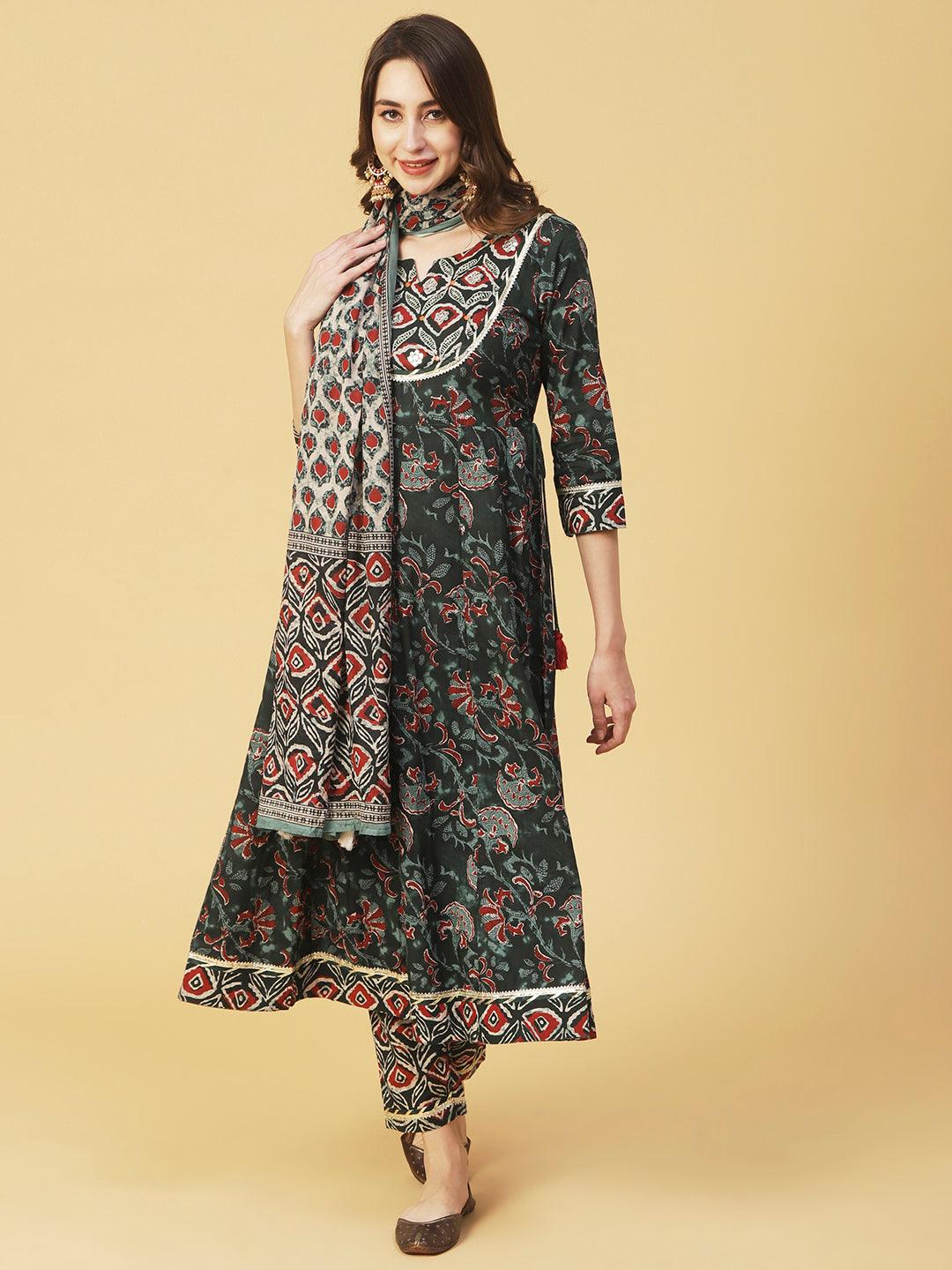 Ethnic Printed & Embroidered Anarkali Kurta with Pant & Dupatta - Dark Green - Indiakreations