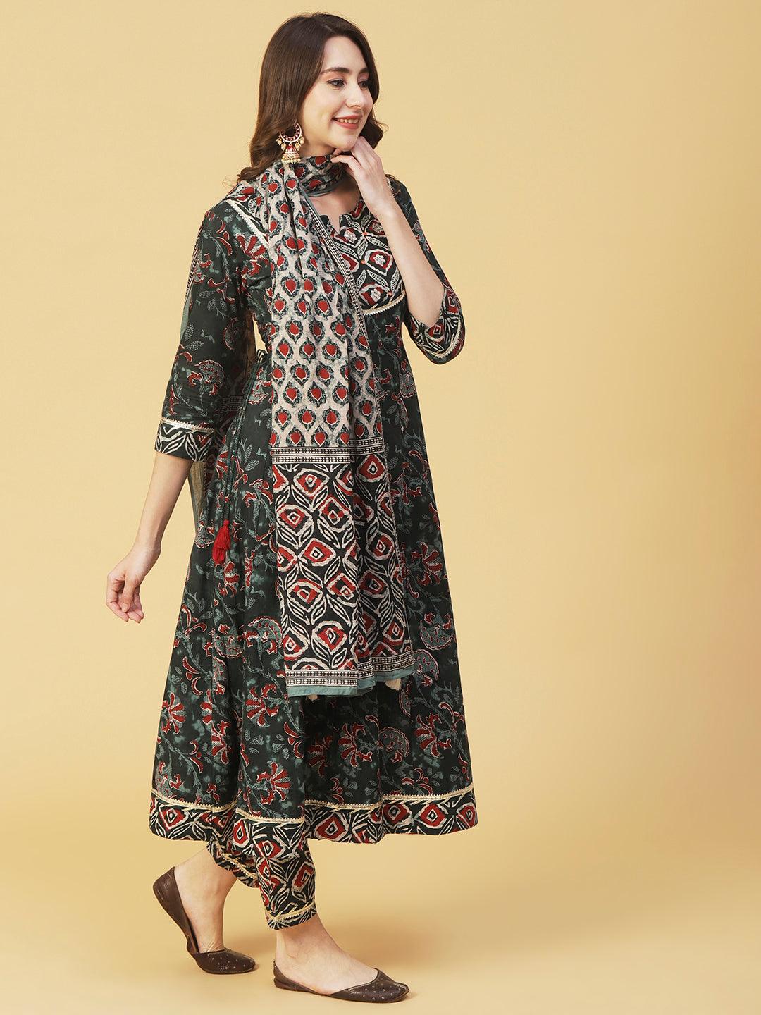 Ethnic Printed & Embroidered Anarkali Kurta with Pant & Dupatta - Dark Green - Indiakreations