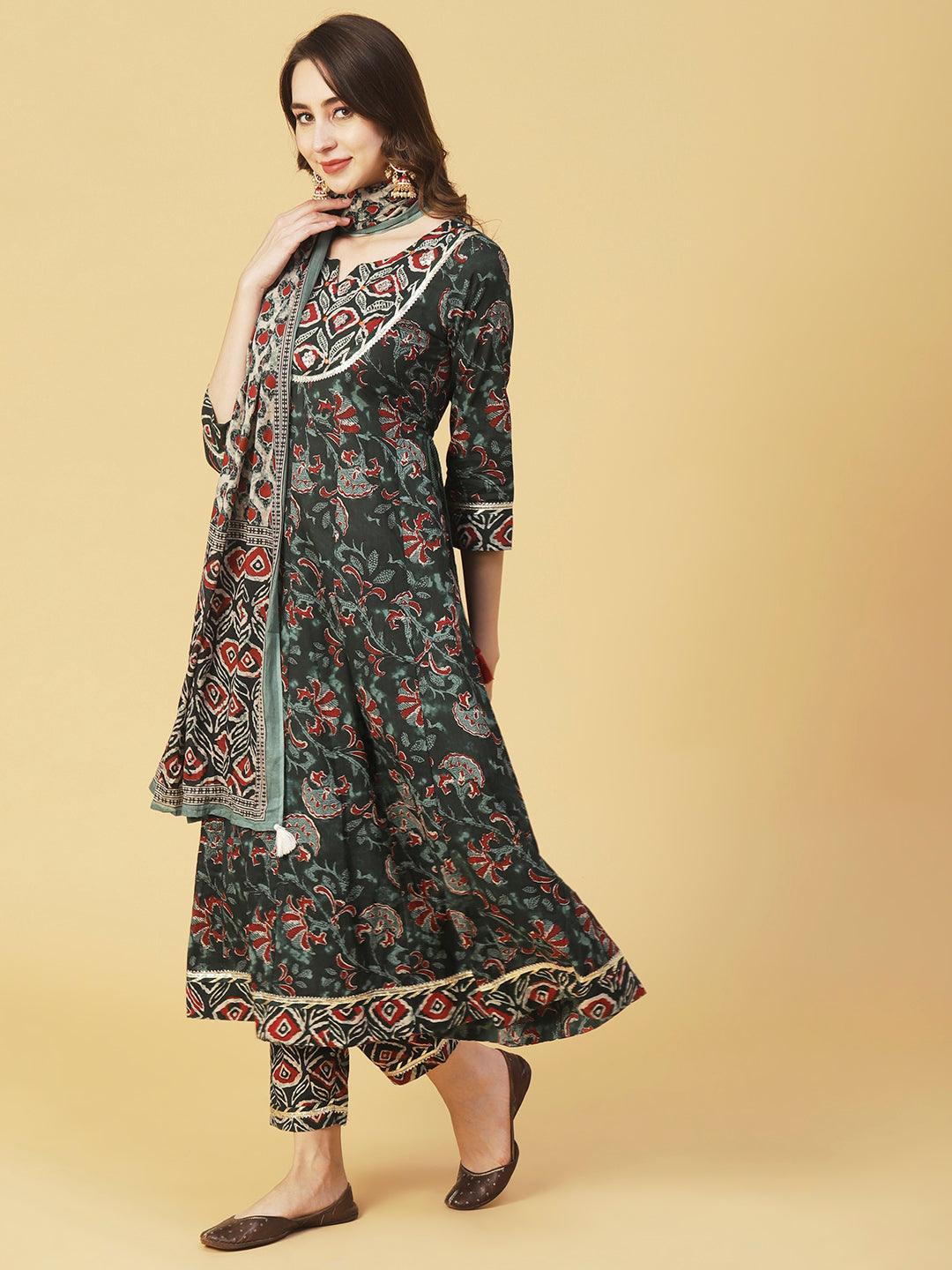 Ethnic Printed & Embroidered Anarkali Kurta with Pant & Dupatta - Dark Green - Indiakreations