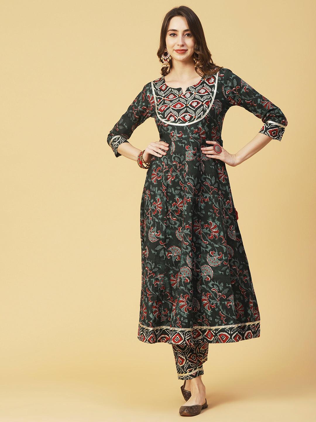 Ethnic Printed & Embroidered Anarkali Kurta with Pant & Dupatta - Dark Green - Indiakreations