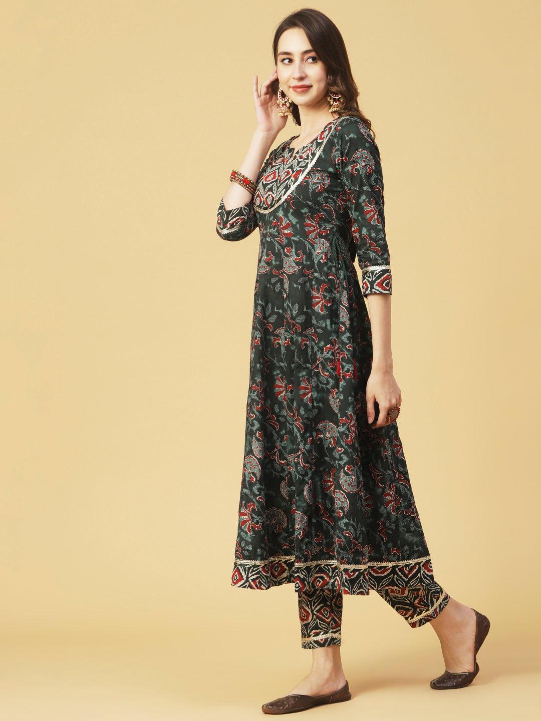 Ethnic Printed & Embroidered Anarkali Kurta with Pant & Dupatta - Dark Green - Indiakreations