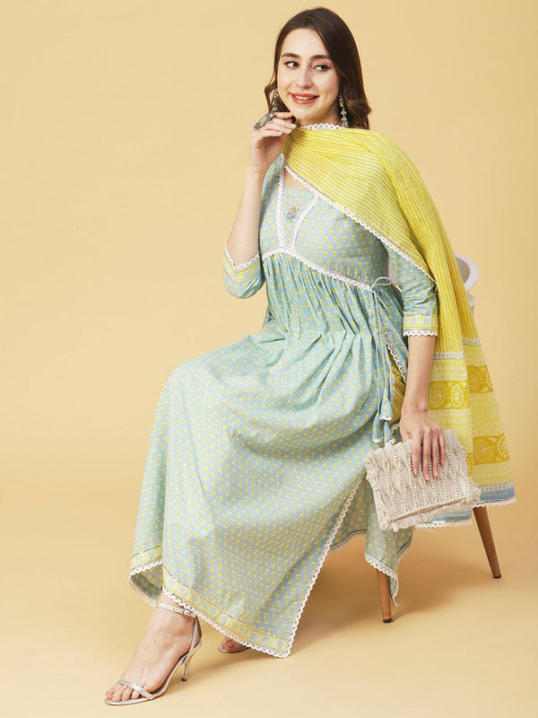 Ethnic Printed A-Line Gathered Kurta with Pant & Dupatta - Blue - Indiakreations