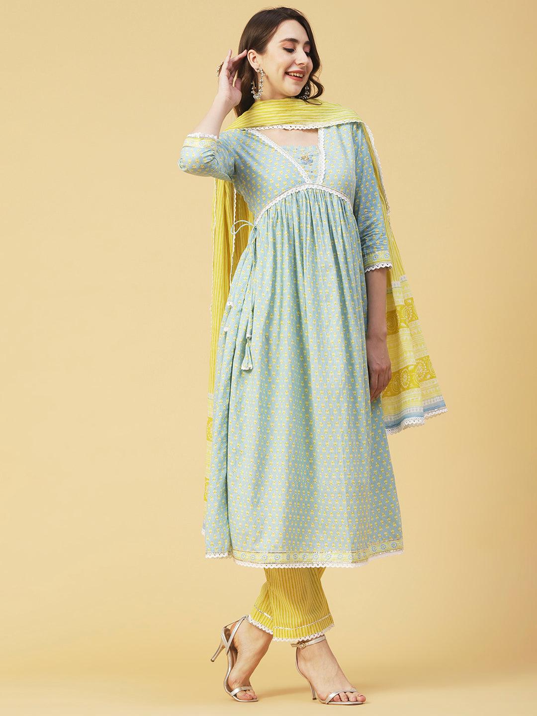 Ethnic Printed A-Line Gathered Kurta with Pant & Dupatta - Blue - Indiakreations