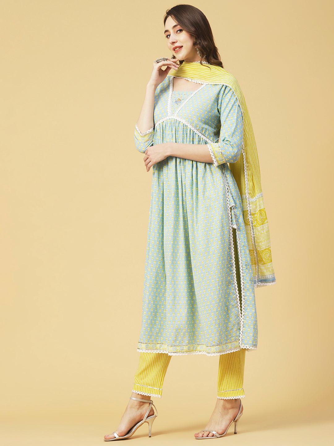 Ethnic Printed A-Line Gathered Kurta with Pant & Dupatta - Blue - Indiakreations