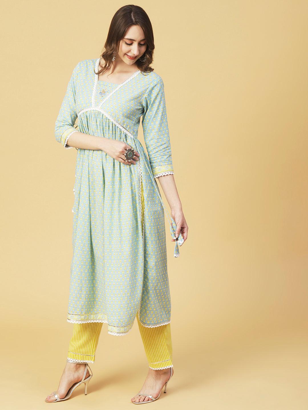 Ethnic Printed A-Line Gathered Kurta with Pant & Dupatta - Blue - Indiakreations