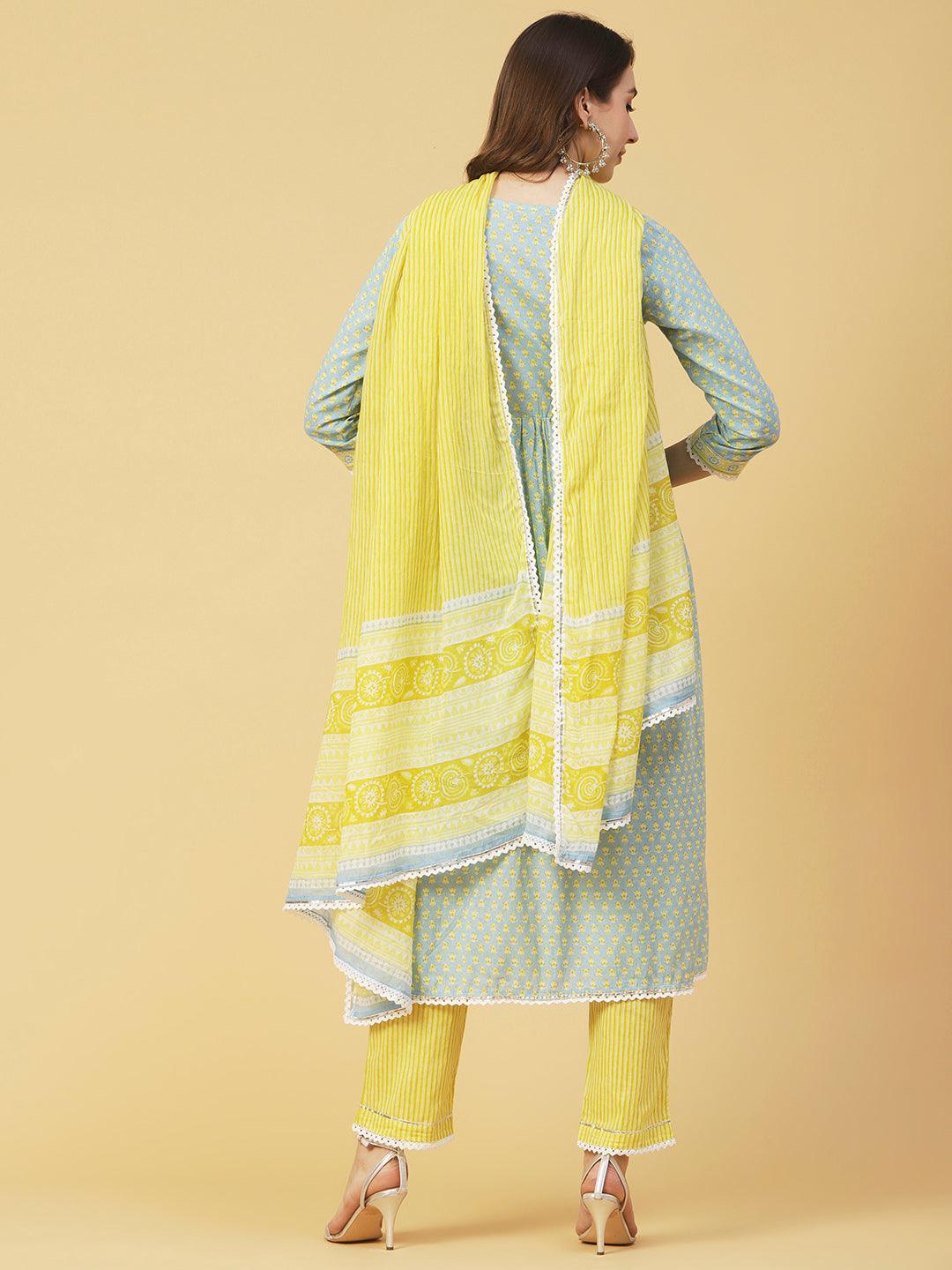 Ethnic Printed A-Line Gathered Kurta with Pant & Dupatta - Blue - Indiakreations