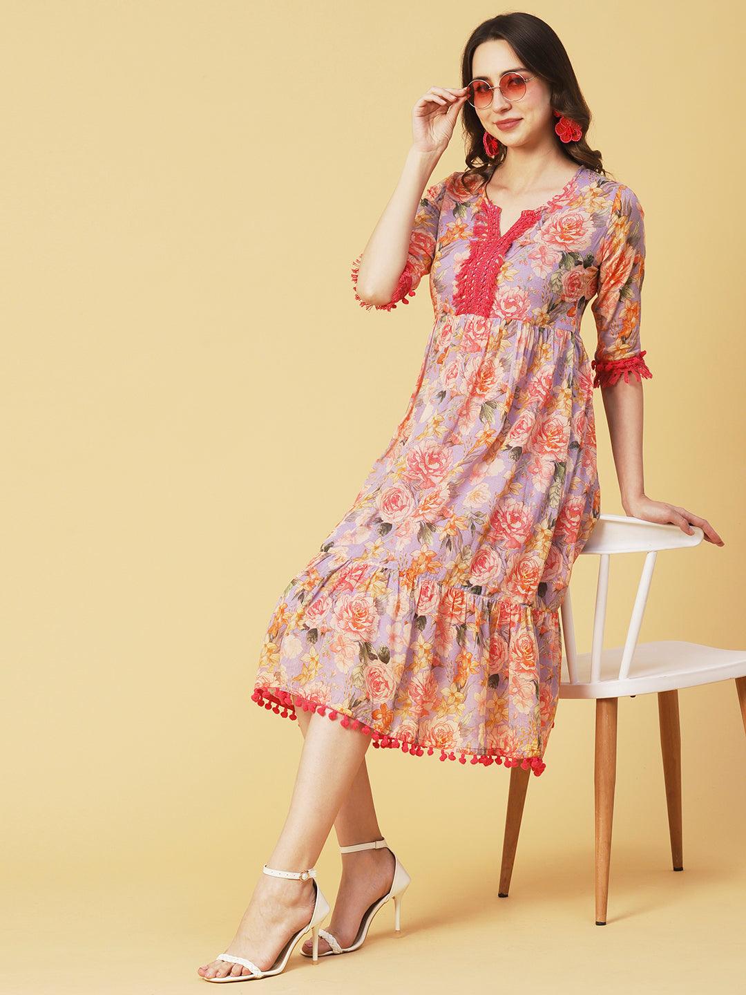 Floral Printed Fringed Lace & Pompom Lace Embellished Tiered Midi Dress - Multi - Indiakreations