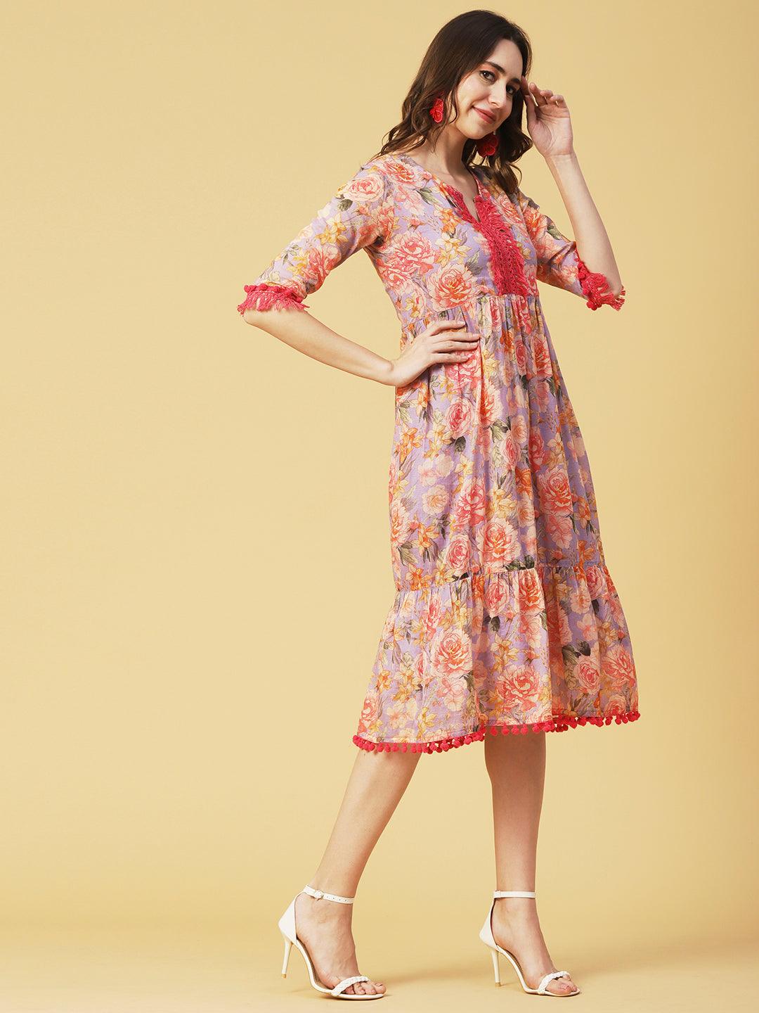 Floral Printed Fringed Lace & Pompom Lace Embellished Tiered Midi Dress - Multi - Indiakreations