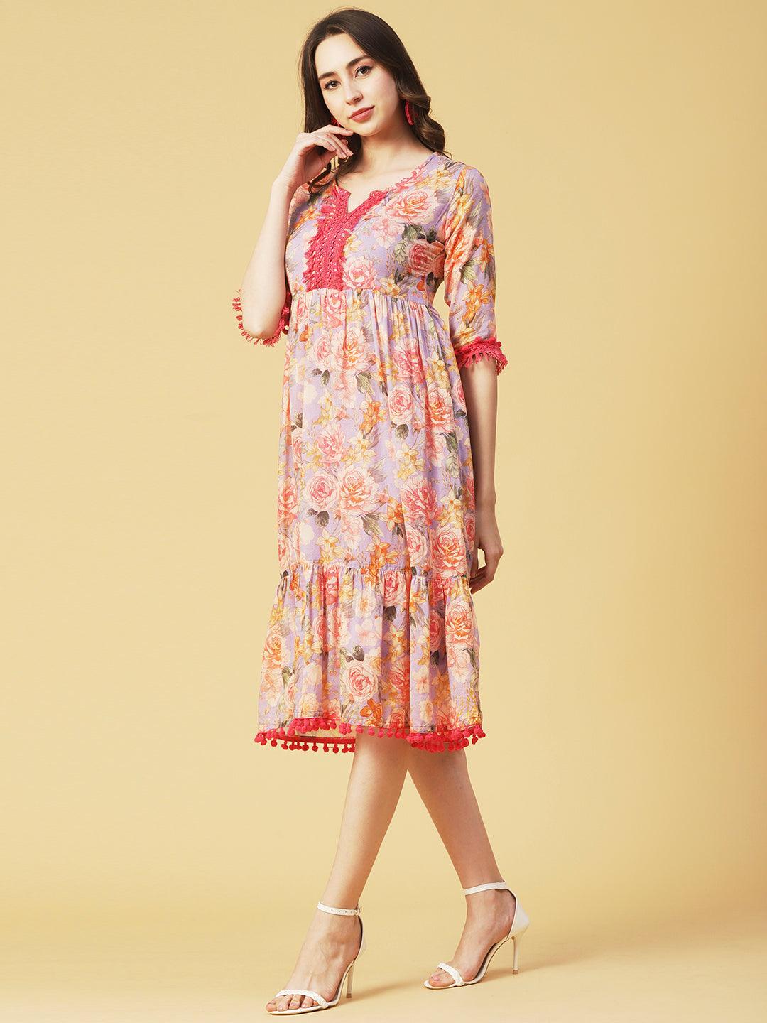 Floral Printed Fringed Lace & Pompom Lace Embellished Tiered Midi Dress - Multi - Indiakreations