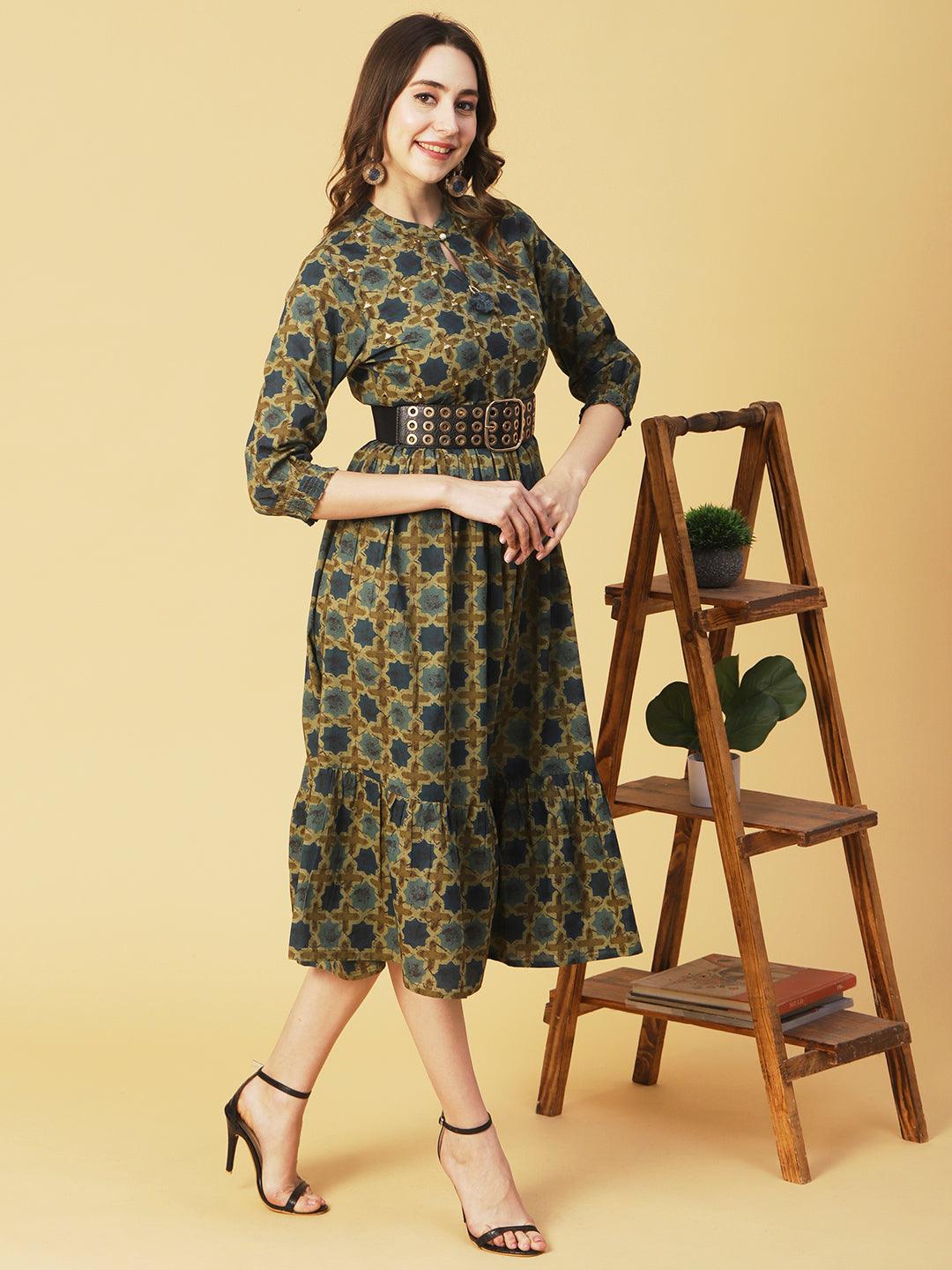 Ethnic Geometric Printed & Embroidered A-Line Fit & Flare Midi Dress - Sea Green - Indiakreations