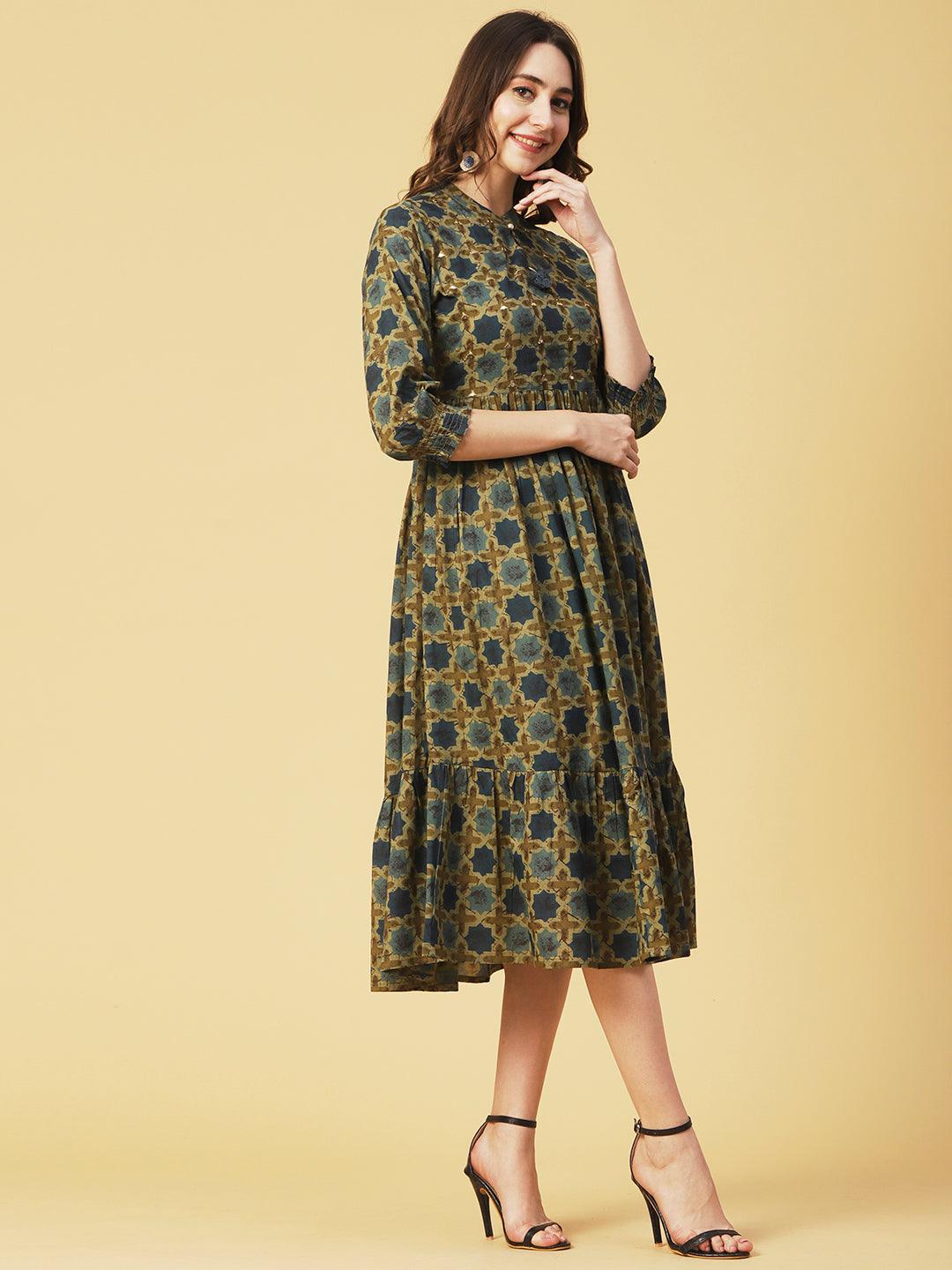 Ethnic Geometric Printed & Embroidered A-Line Fit & Flare Midi Dress - Sea Green - Indiakreations