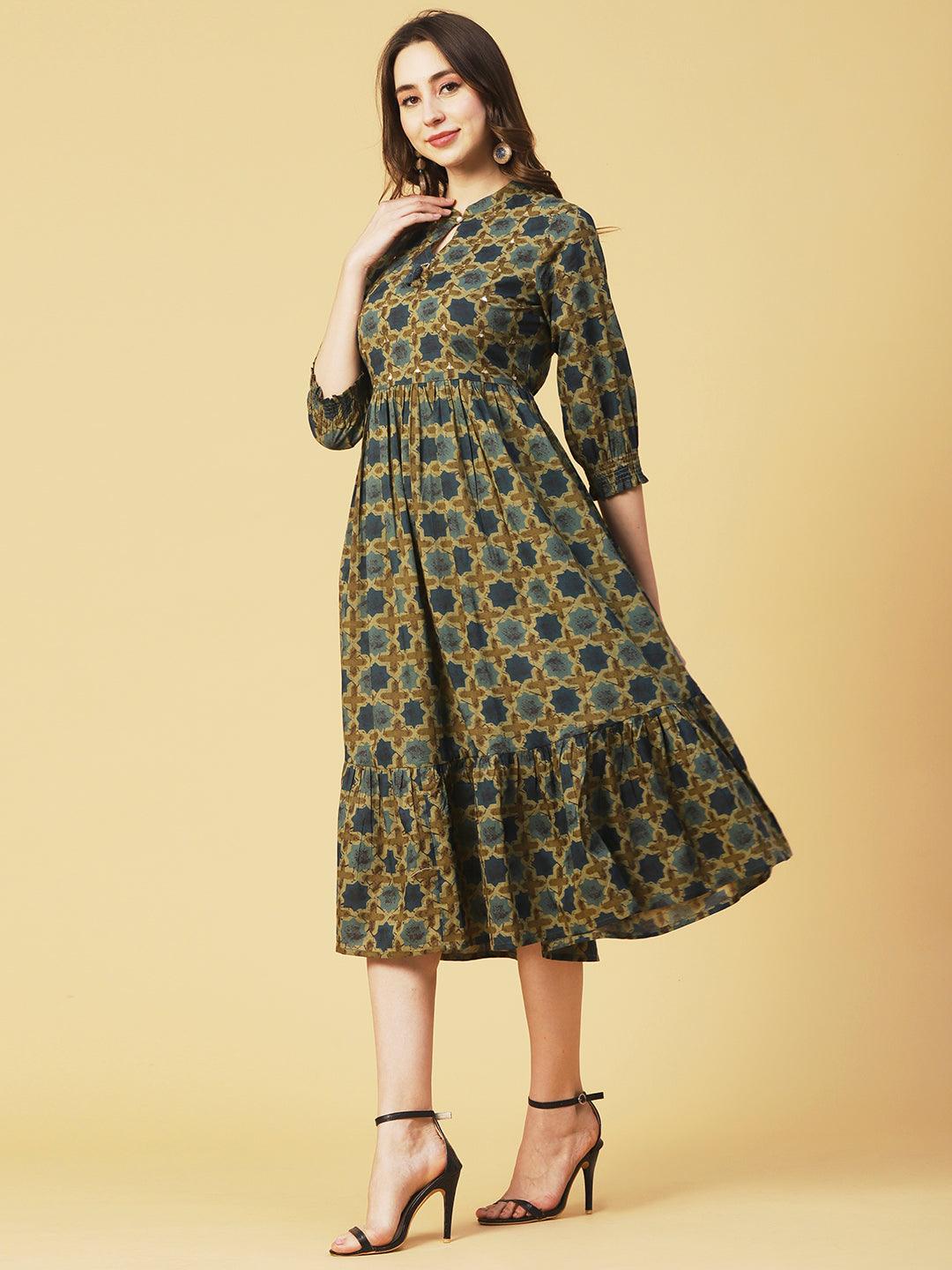 Ethnic Geometric Printed & Embroidered A-Line Fit & Flare Midi Dress - Sea Green - Indiakreations