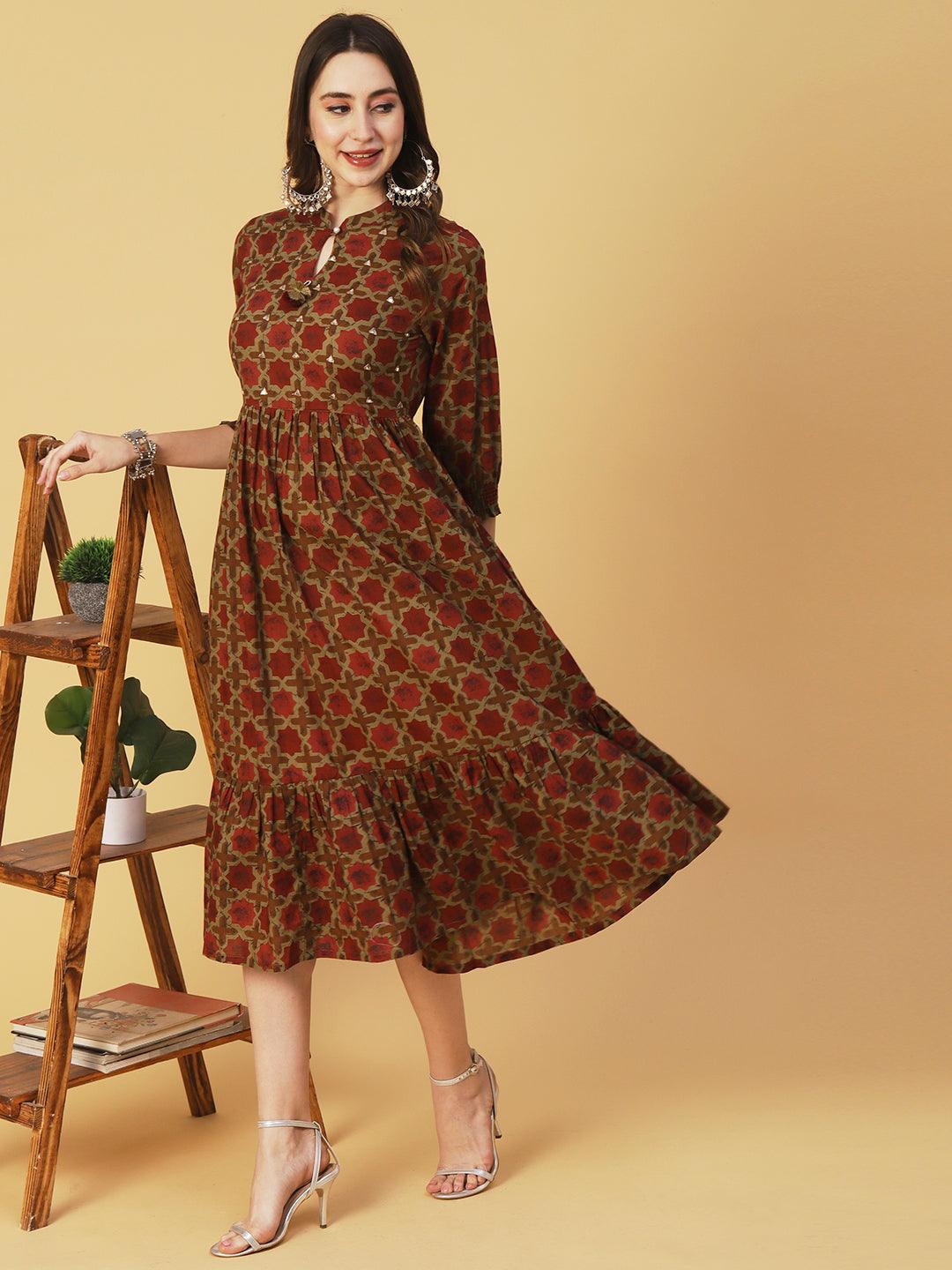 Ethnic Geometric Printed & Embroidered A-Line Fit & Flare Midi Dress - Rust - Indiakreations