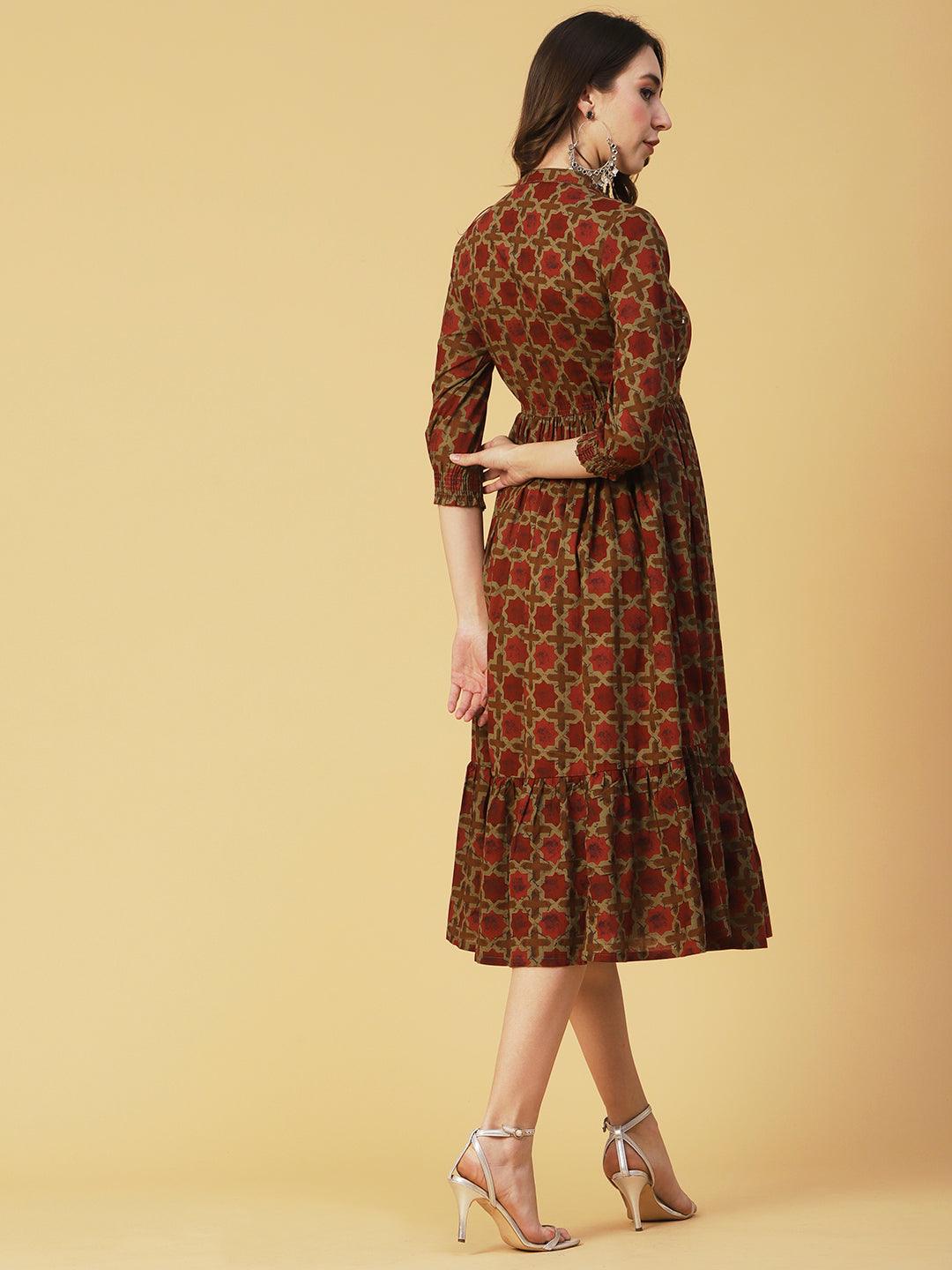 Ethnic Geometric Printed & Embroidered A-Line Fit & Flare Midi Dress - Rust - Indiakreations