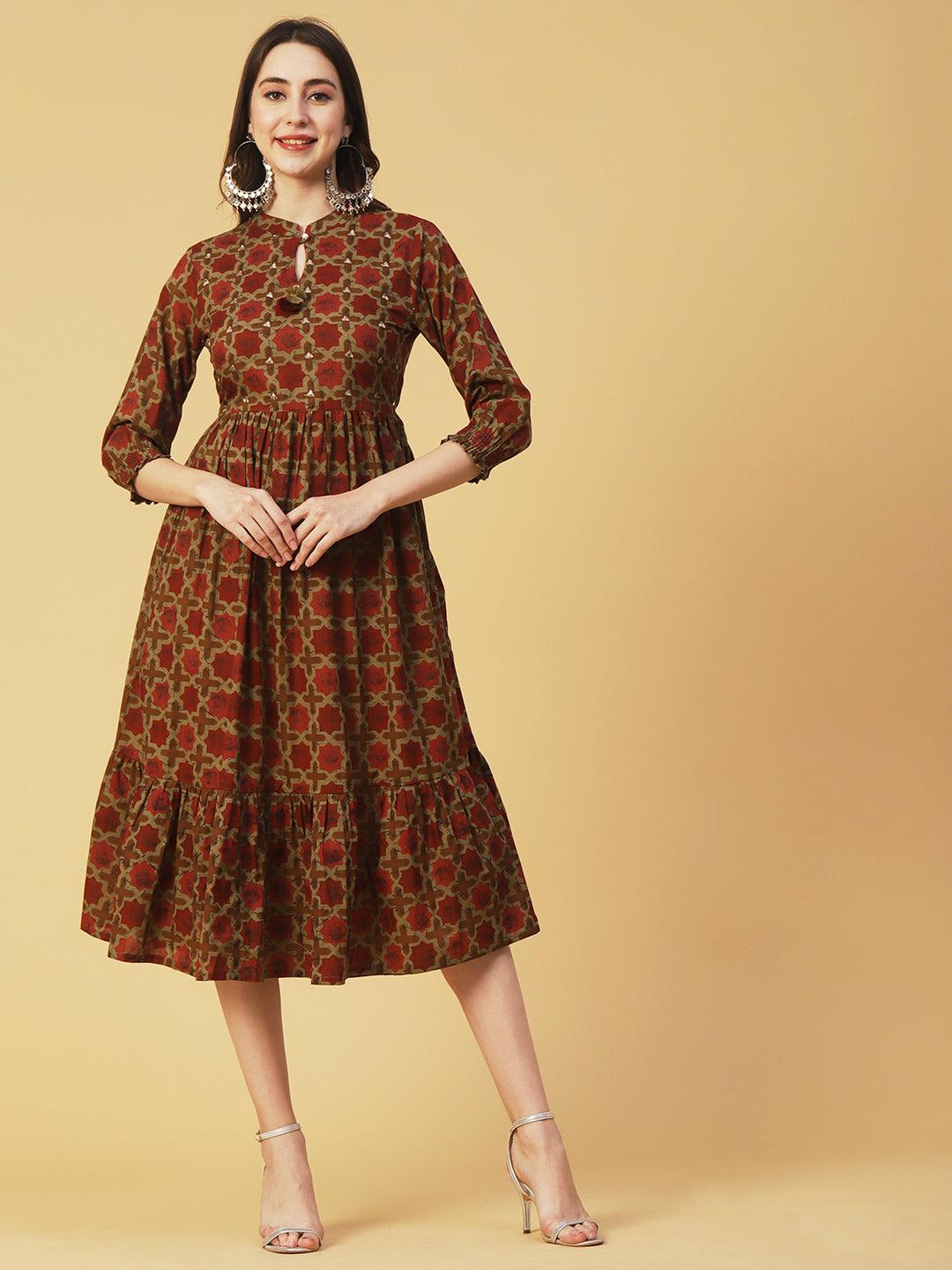 Ethnic Geometric Printed & Embroidered A-Line Fit & Flare Midi Dress - Rust - Indiakreations