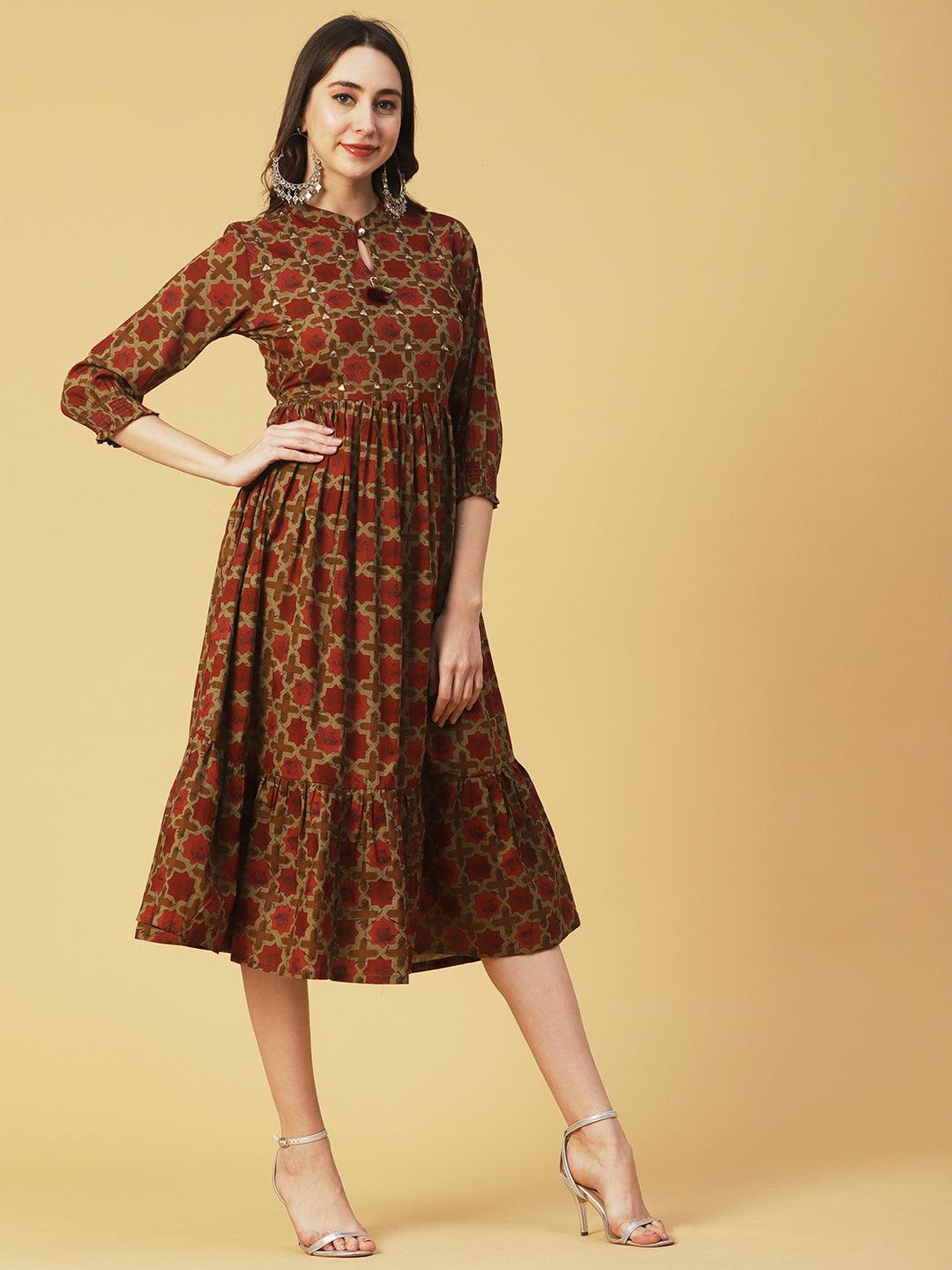 Ethnic Geometric Printed & Embroidered A-Line Fit & Flare Midi Dress - Rust - Indiakreations