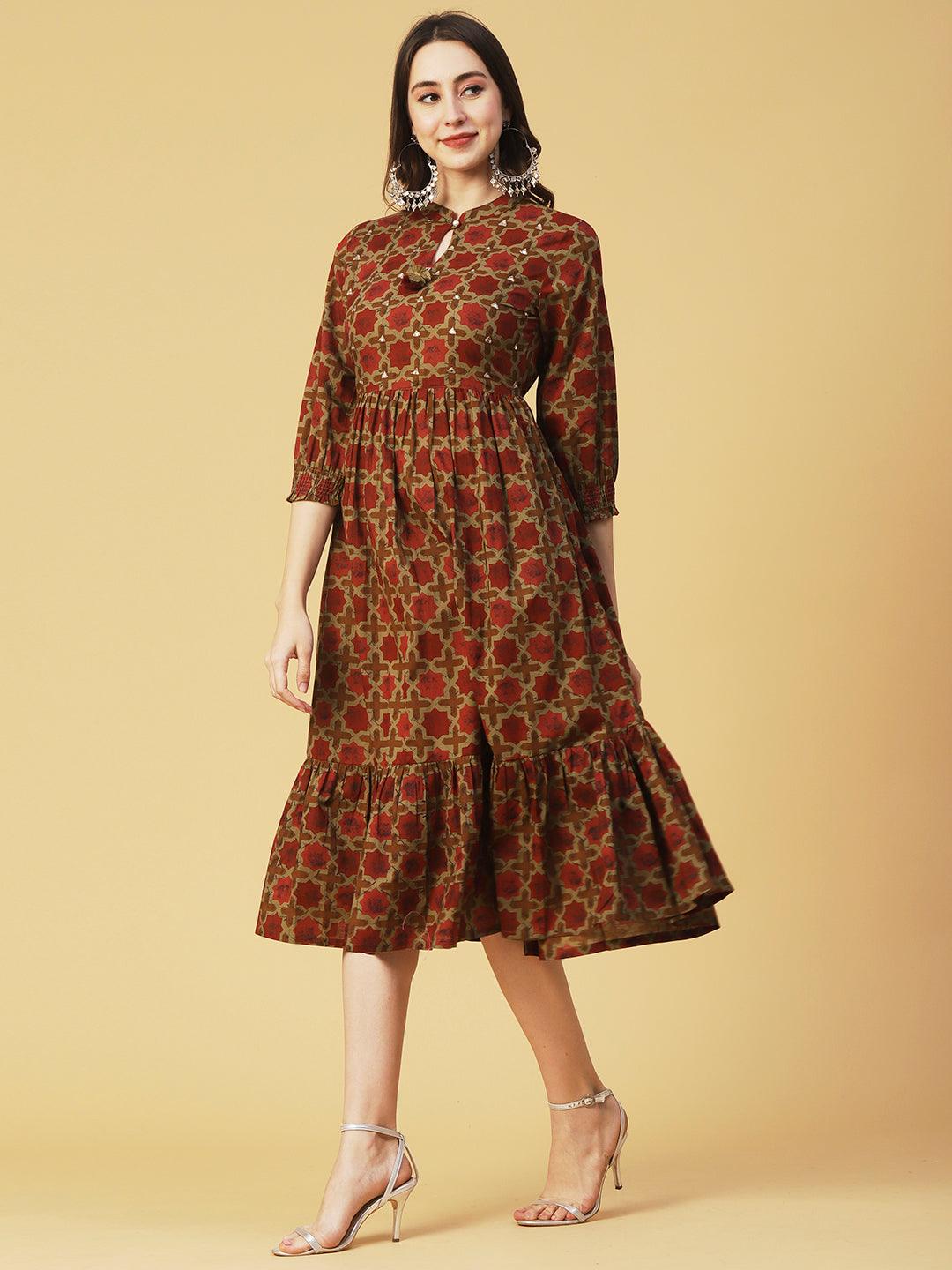 Ethnic Geometric Printed & Embroidered A-Line Fit & Flare Midi Dress - Rust - Indiakreations