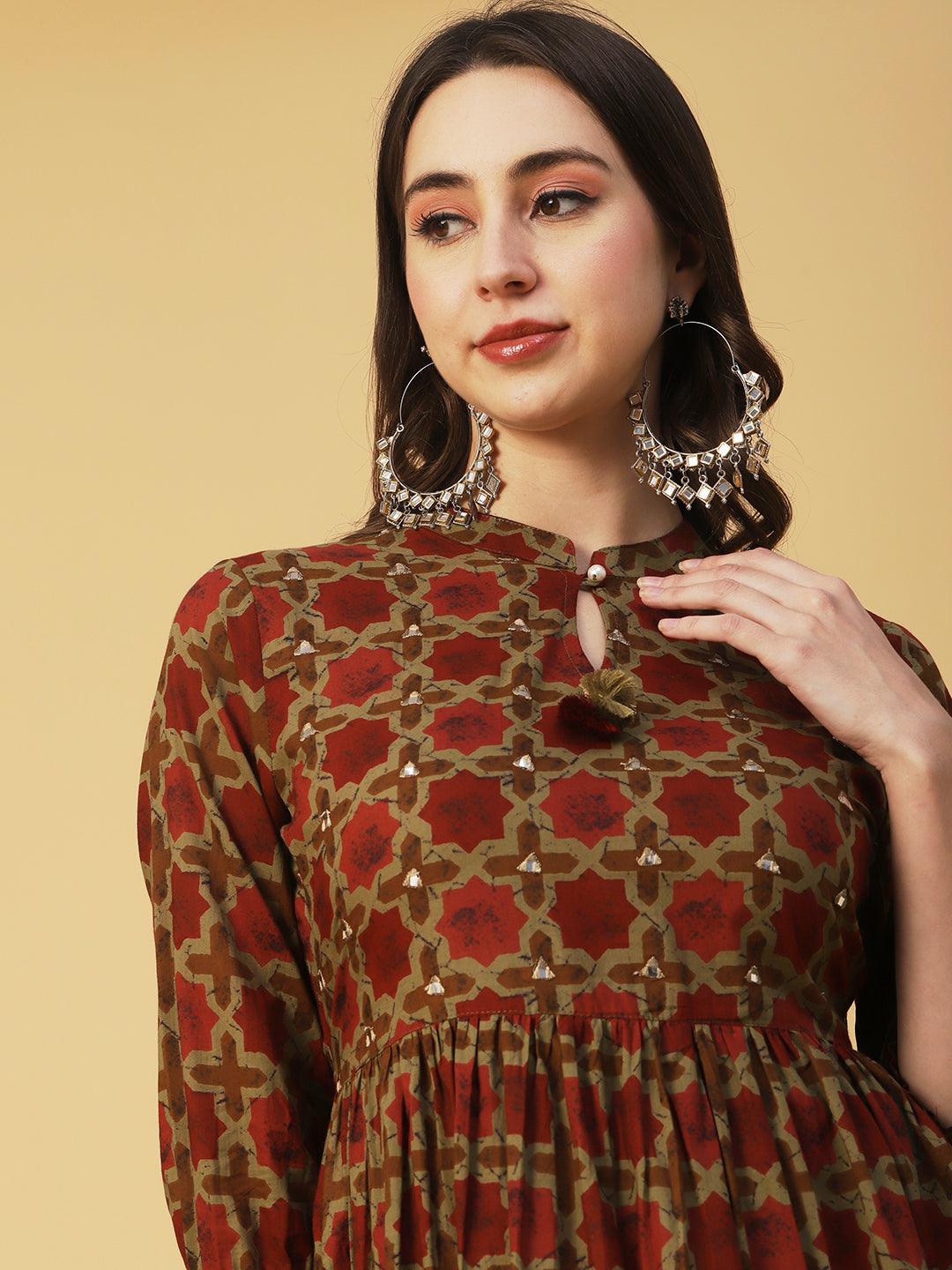 Ethnic Geometric Printed & Embroidered A-Line Fit & Flare Midi Dress - Rust - Indiakreations