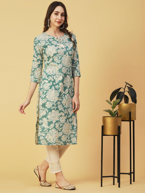 Floral Block Printed & Khari Printed Zari Embellished Kurta - Green - Indiakreations