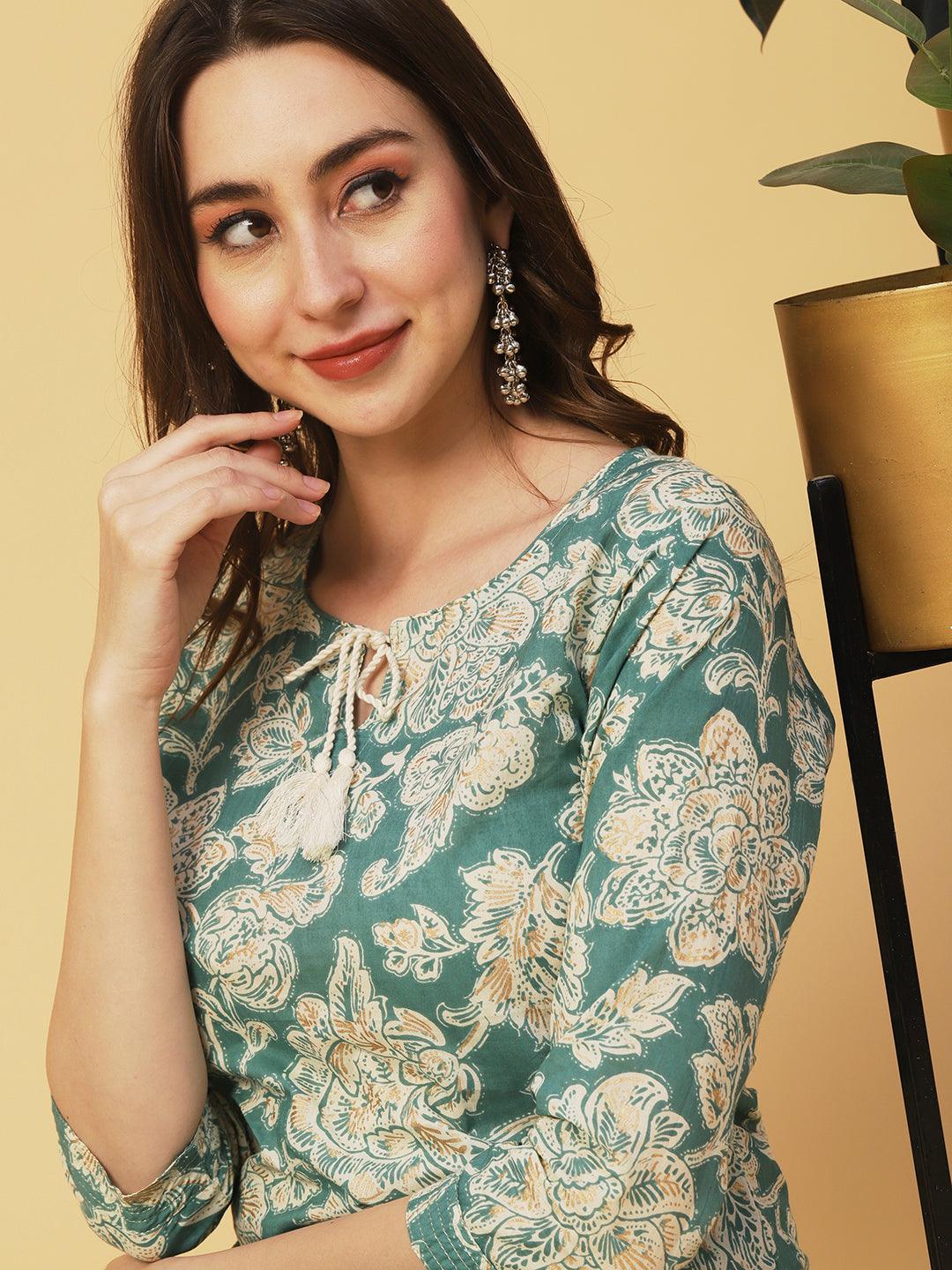 Floral Block Printed & Khari Printed Zari Embellished Kurta - Green - Indiakreations