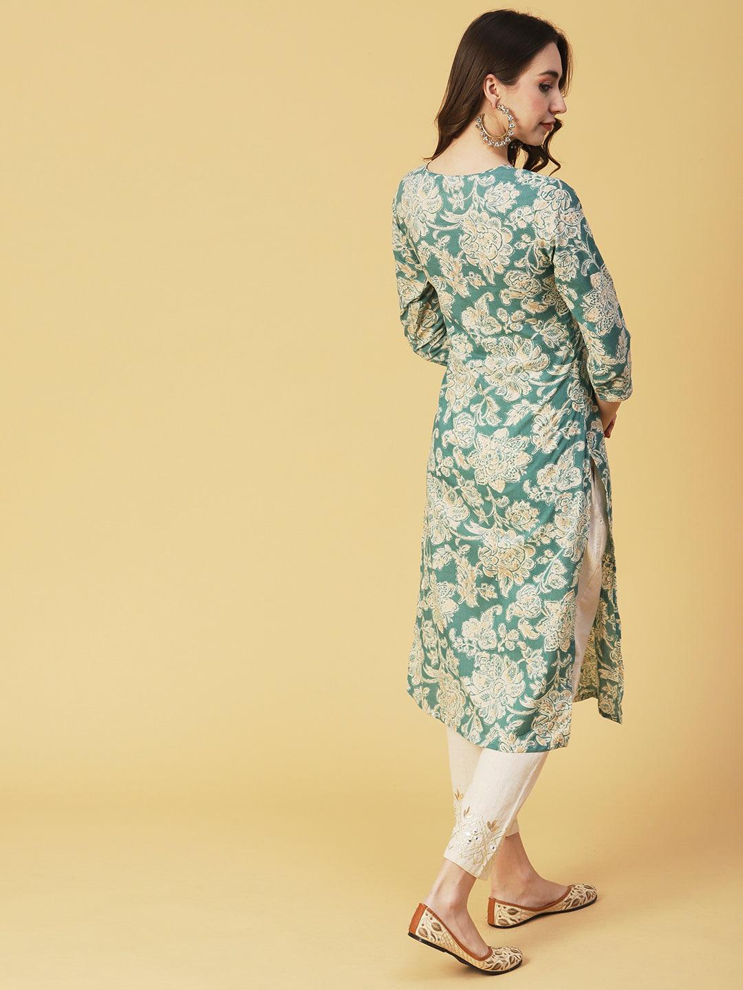 Floral Block Printed & Khari Printed Zari Embellished Kurta - Green - Indiakreations