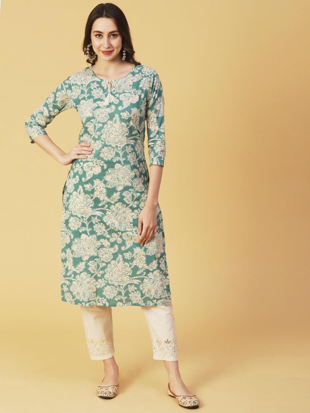 Floral Block Printed & Khari Printed Zari Embellished Kurta - Green - Indiakreations