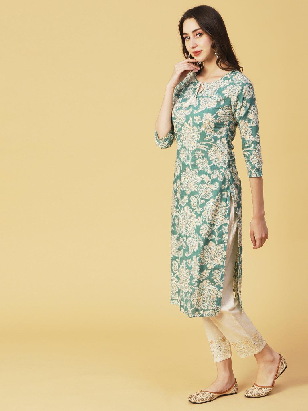 Floral Block Printed & Khari Printed Zari Embellished Kurta - Green - Indiakreations