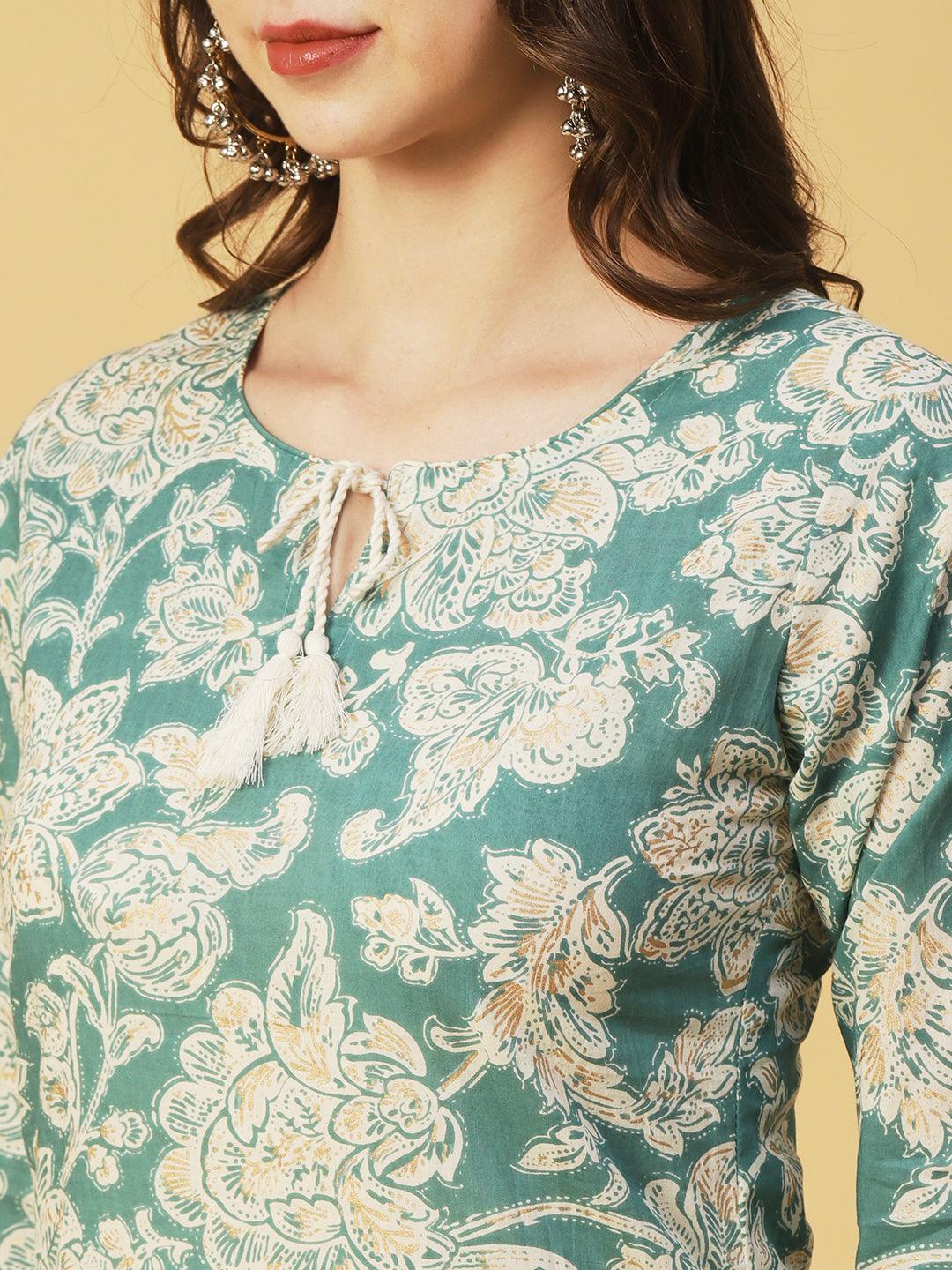 Floral Block Printed & Khari Printed Zari Embellished Kurta - Green - Indiakreations