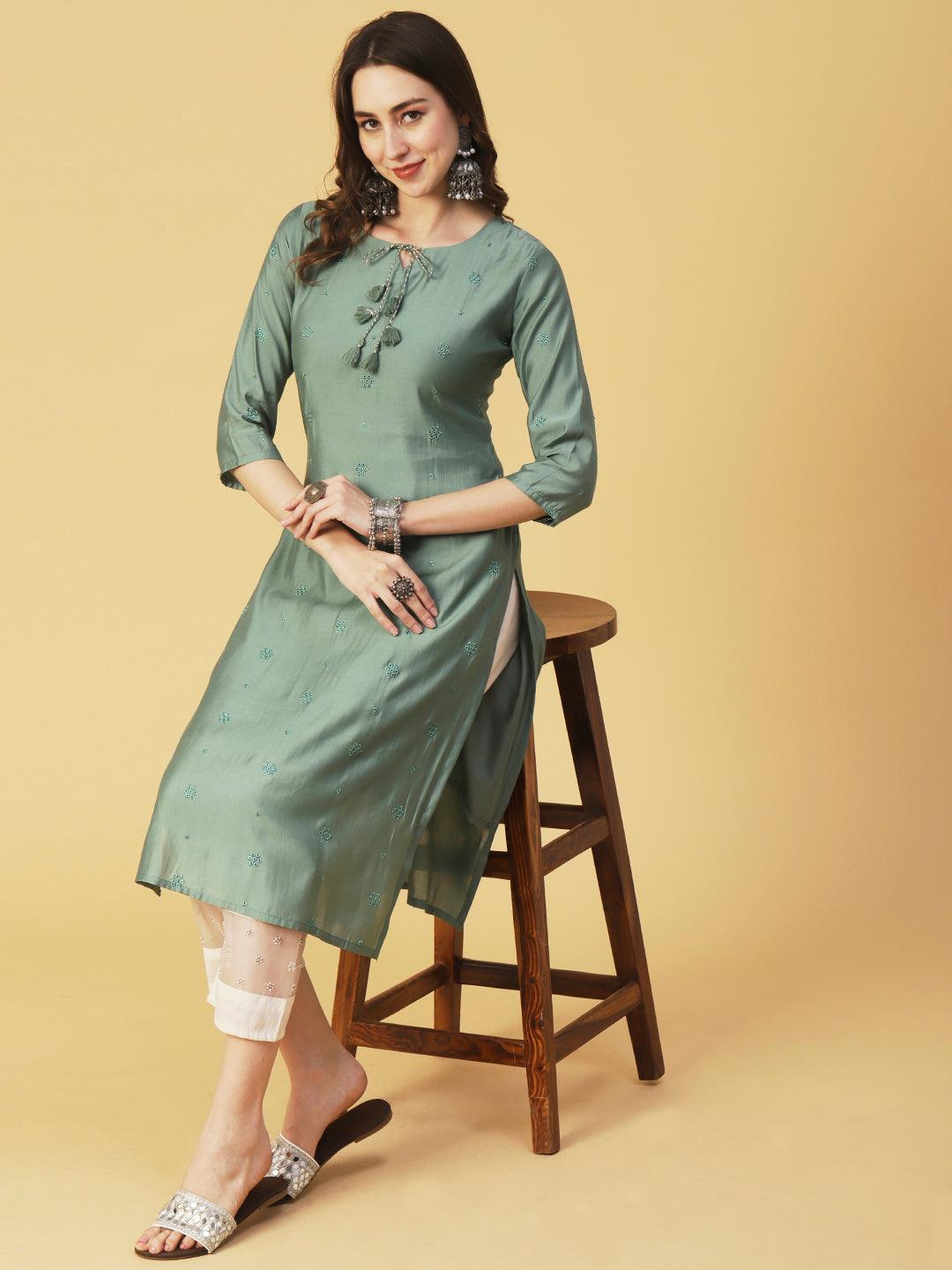 Solid Resham Cutwork Embroidered Fringed Tasseled Kurta - Green - Indiakreations