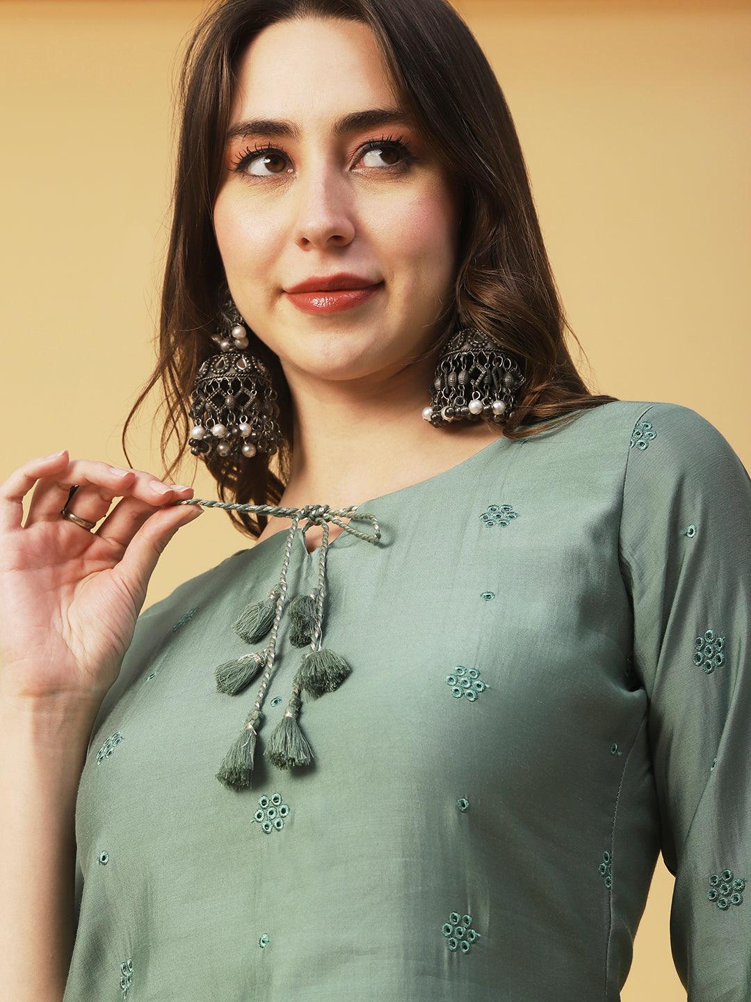 Solid Resham Cutwork Embroidered Fringed Tasseled Kurta - Green - Indiakreations