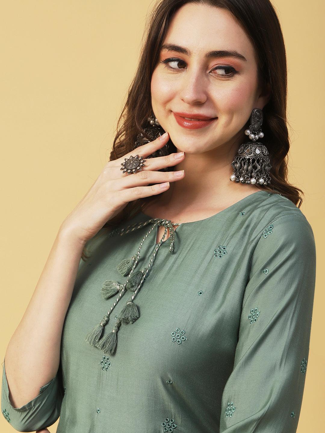 Solid Resham Cutwork Embroidered Fringed Tasseled Kurta - Green - Indiakreations