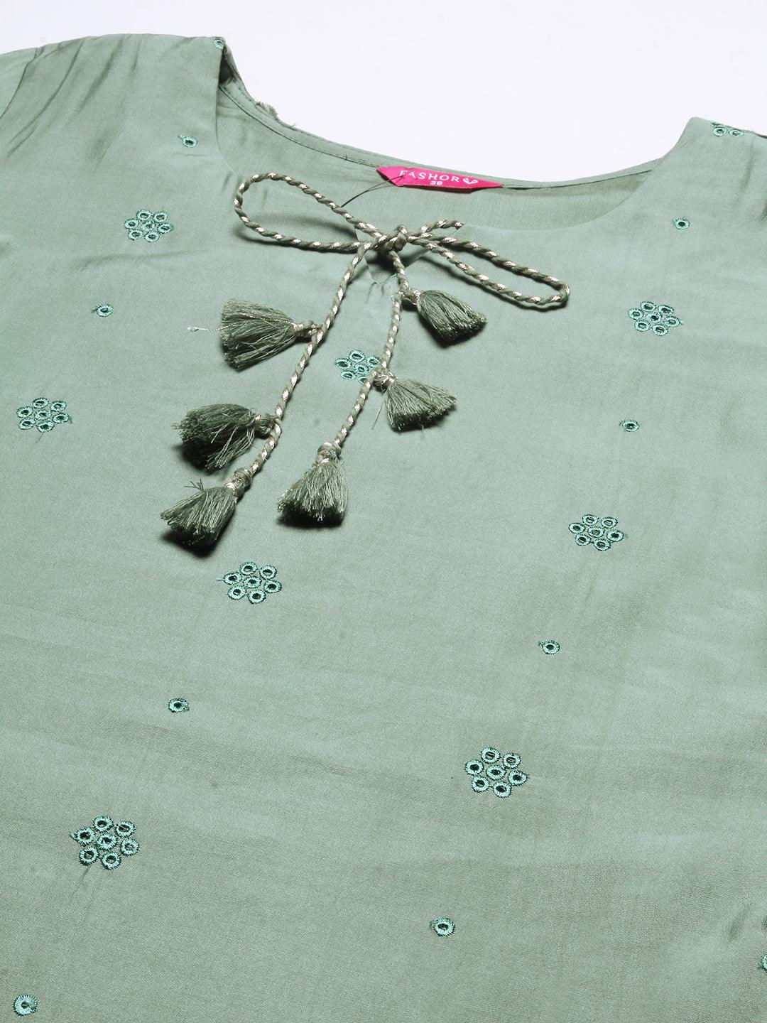 Solid Resham Cutwork Embroidered Fringed Tasseled Kurta - Green - Indiakreations