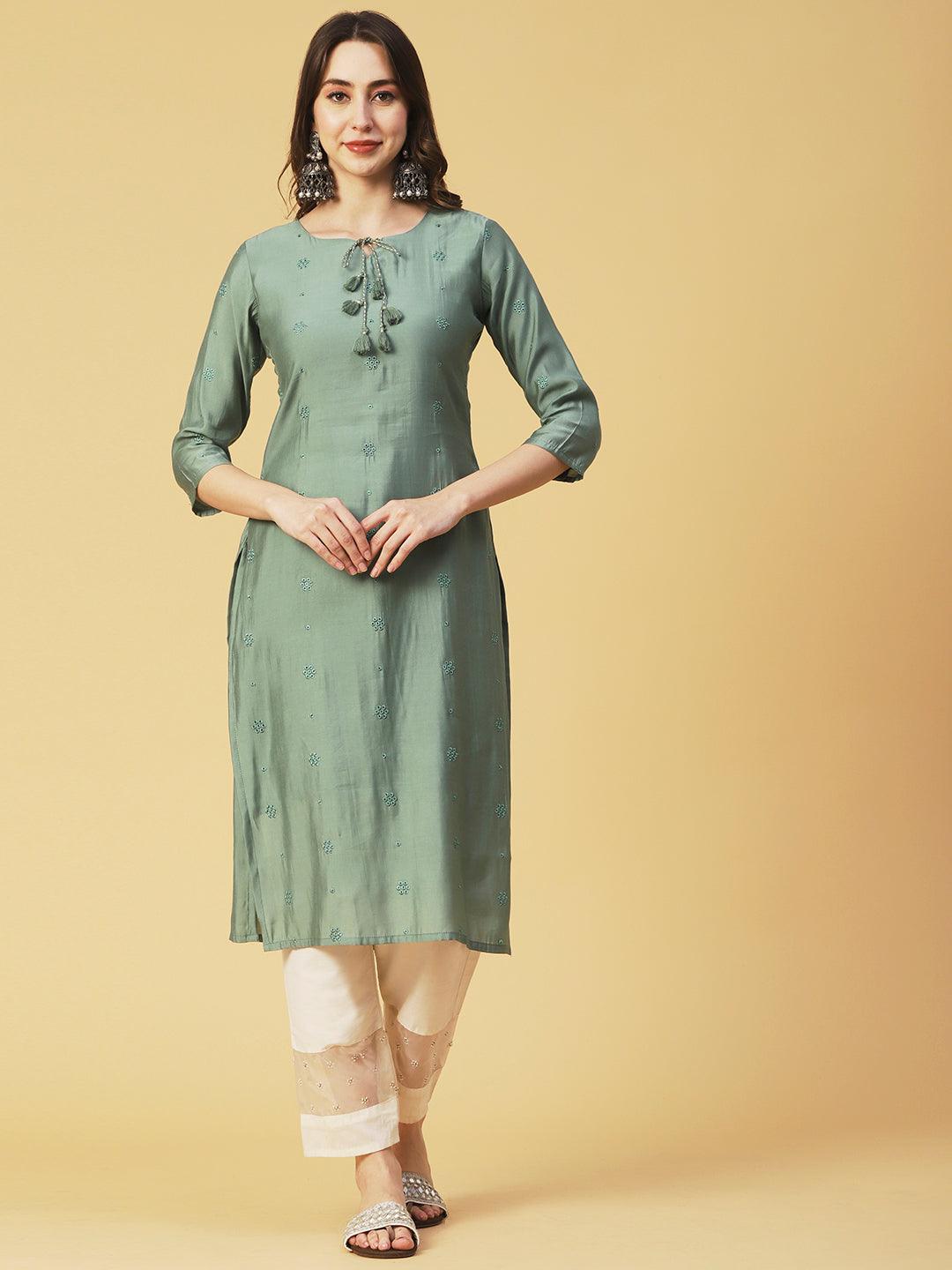 Solid Resham Cutwork Embroidered Fringed Tasseled Kurta - Green - Indiakreations