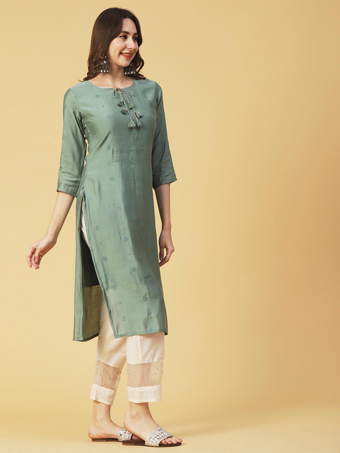 Solid Resham Cutwork Embroidered Fringed Tasseled Kurta - Green - Indiakreations