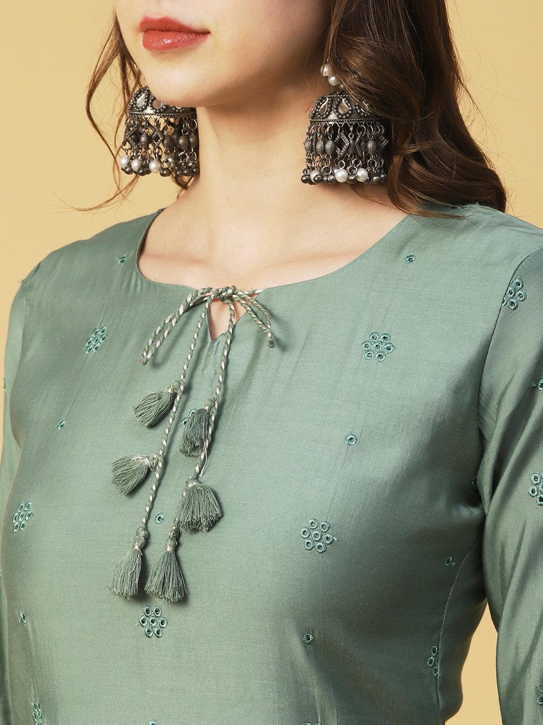 Solid Resham Cutwork Embroidered Fringed Tasseled Kurta - Green - Indiakreations