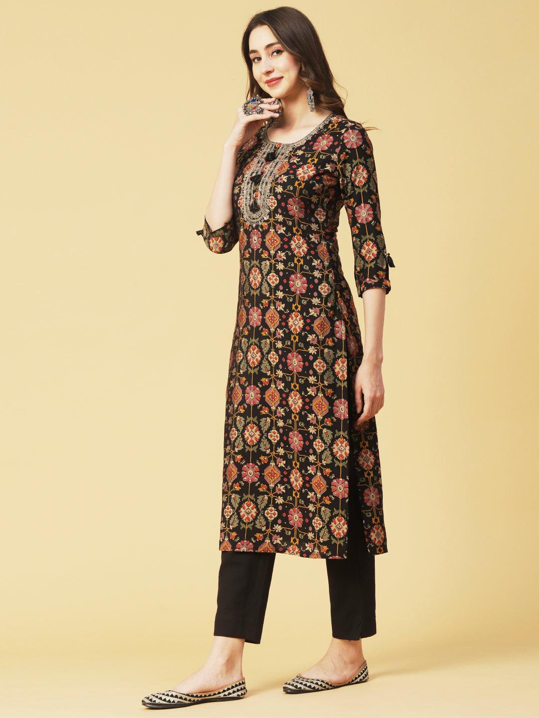 Abstract & Foil Printed Zari Dori & Resham Embroidered Kurta With Pants - Black - Indiakreations